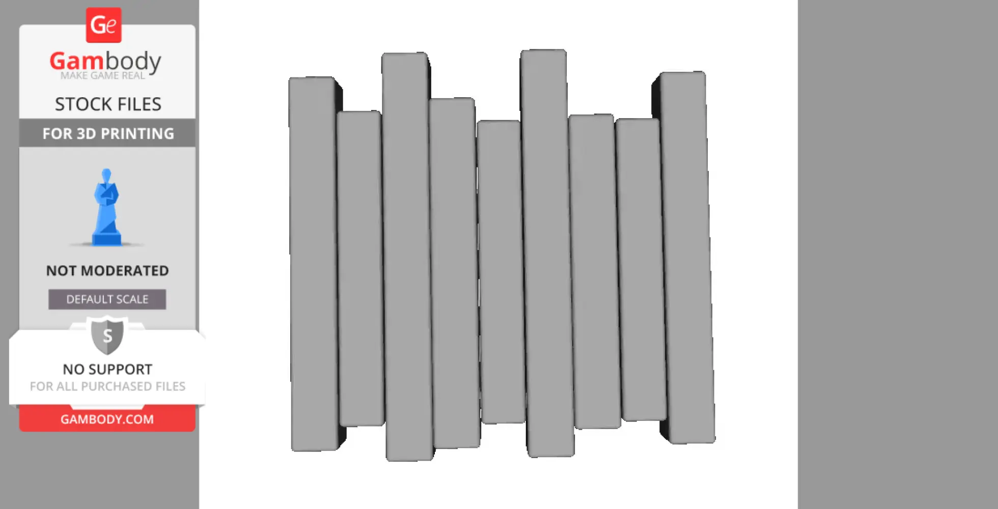 A 3D model of a hanging foldable shelf with vertical slats, suitable for 3D printing.
