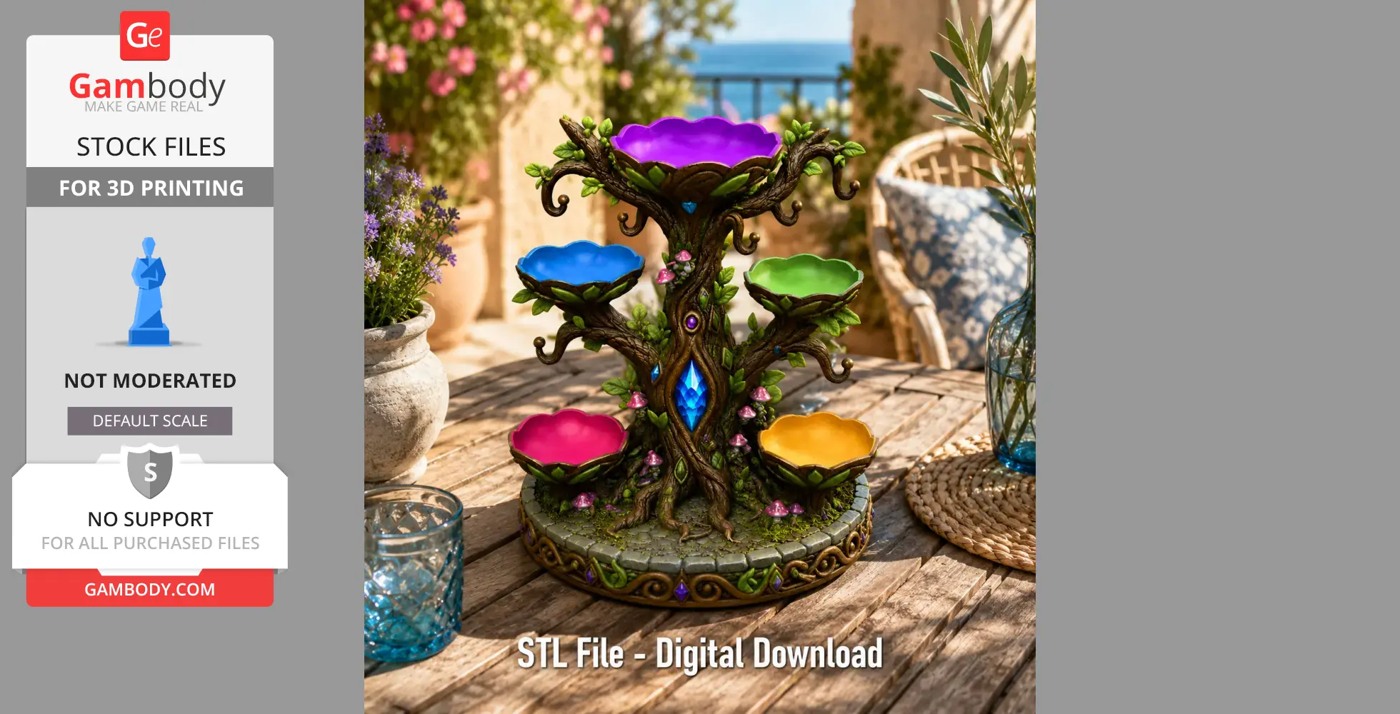 Colorful jewelry tree display with floral motifs and gemstone accents on a wooden table outdoors.
