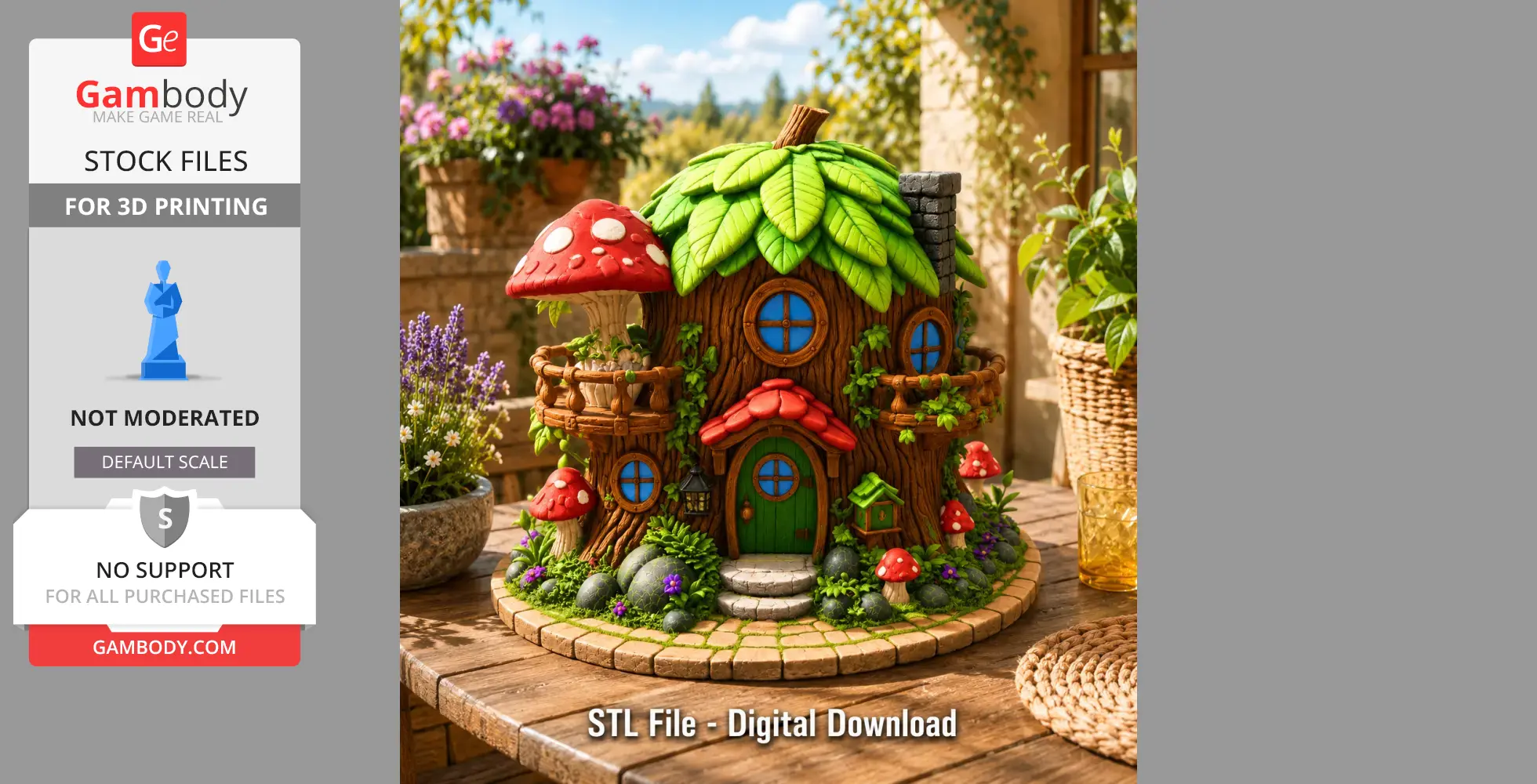 A whimsical tree house cottage with a leaf roof and mushroom accents, surrounded by greenery.