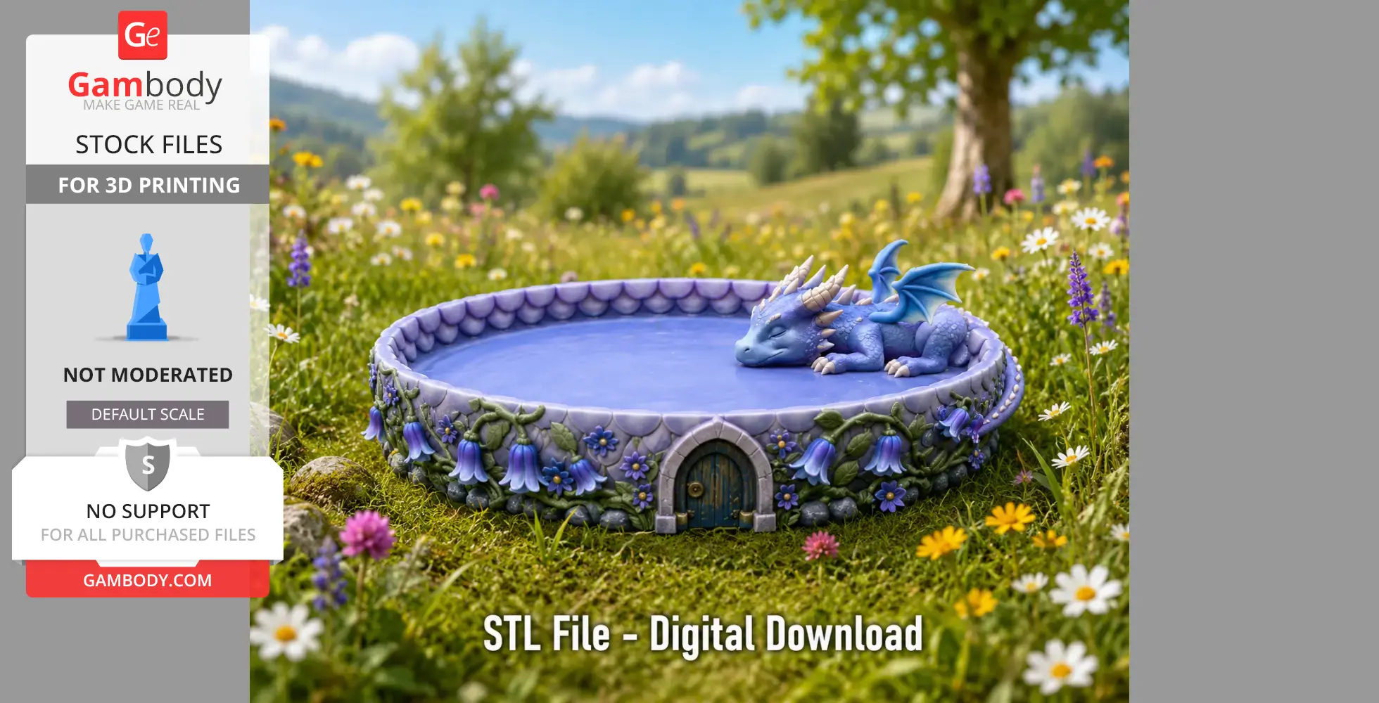A decorative tray featuring a sleeping baby dragon, surrounded by flowers, against a scenic meadow backdrop.