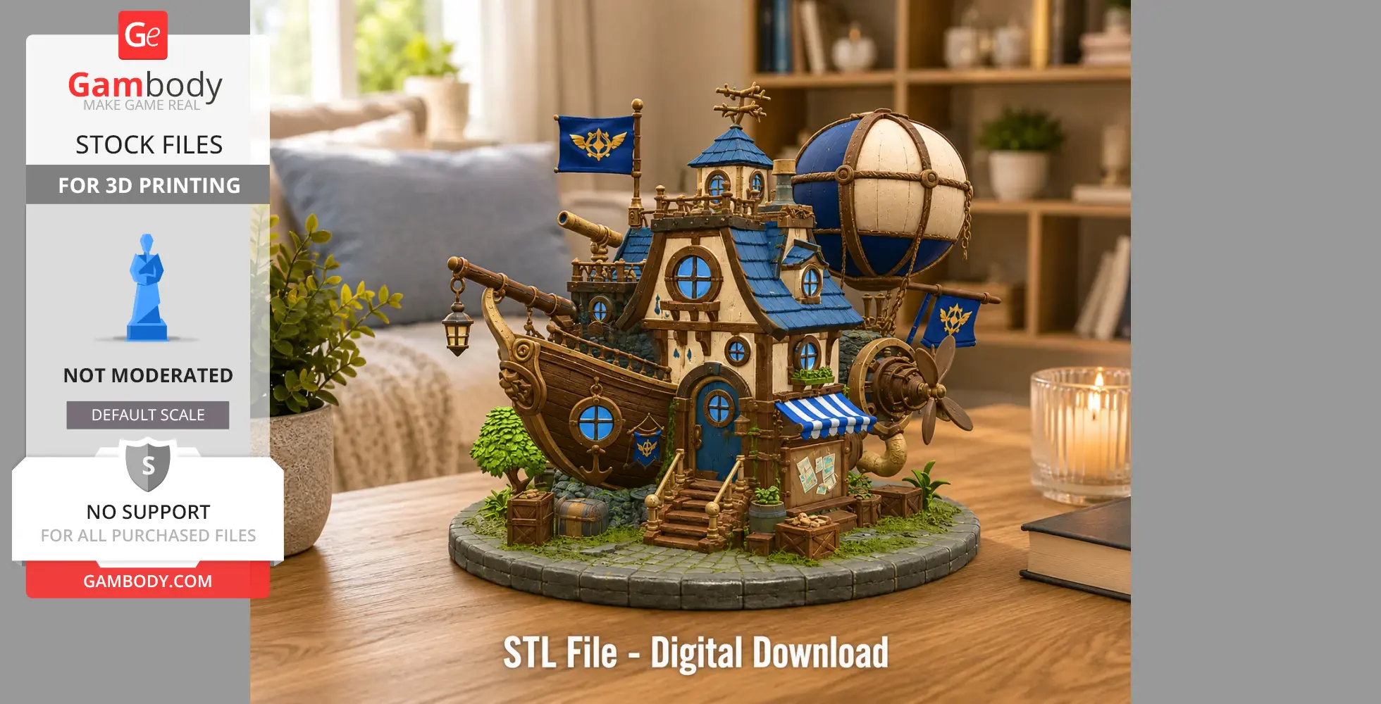 A detailed 3D model of an airship house with blue accents and nautical design on a display base.