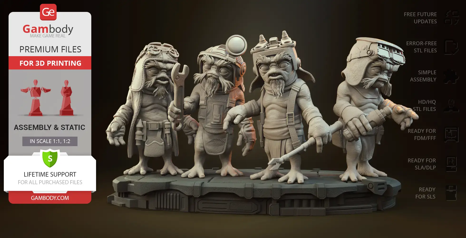 Four detailed Anzellan droidsmith figures from Star Wars, each holding tools, stand on a textured base.