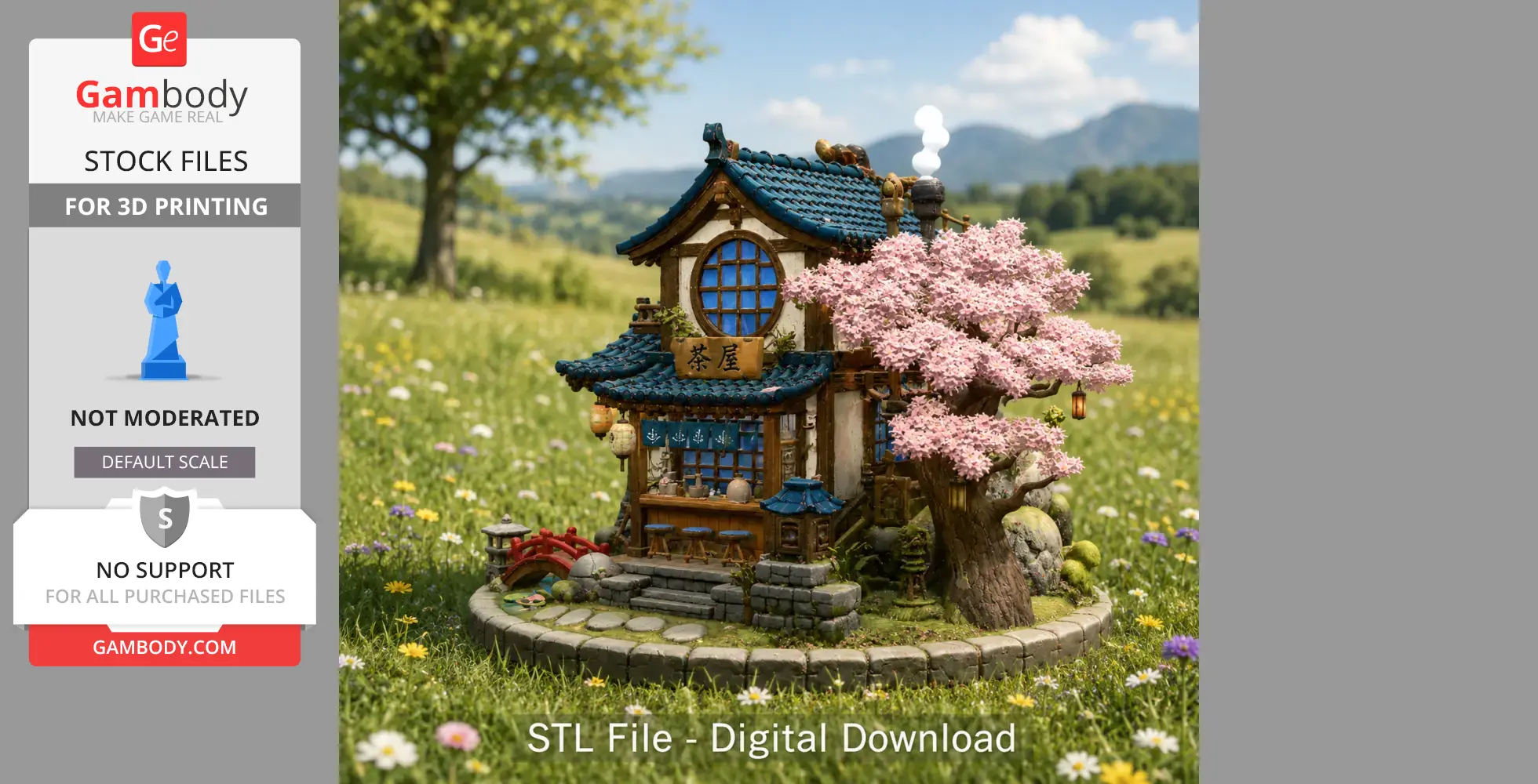 Japanese tea house model with blue-tiled roof, pink cherry blossoms, and round window on a grassy base.