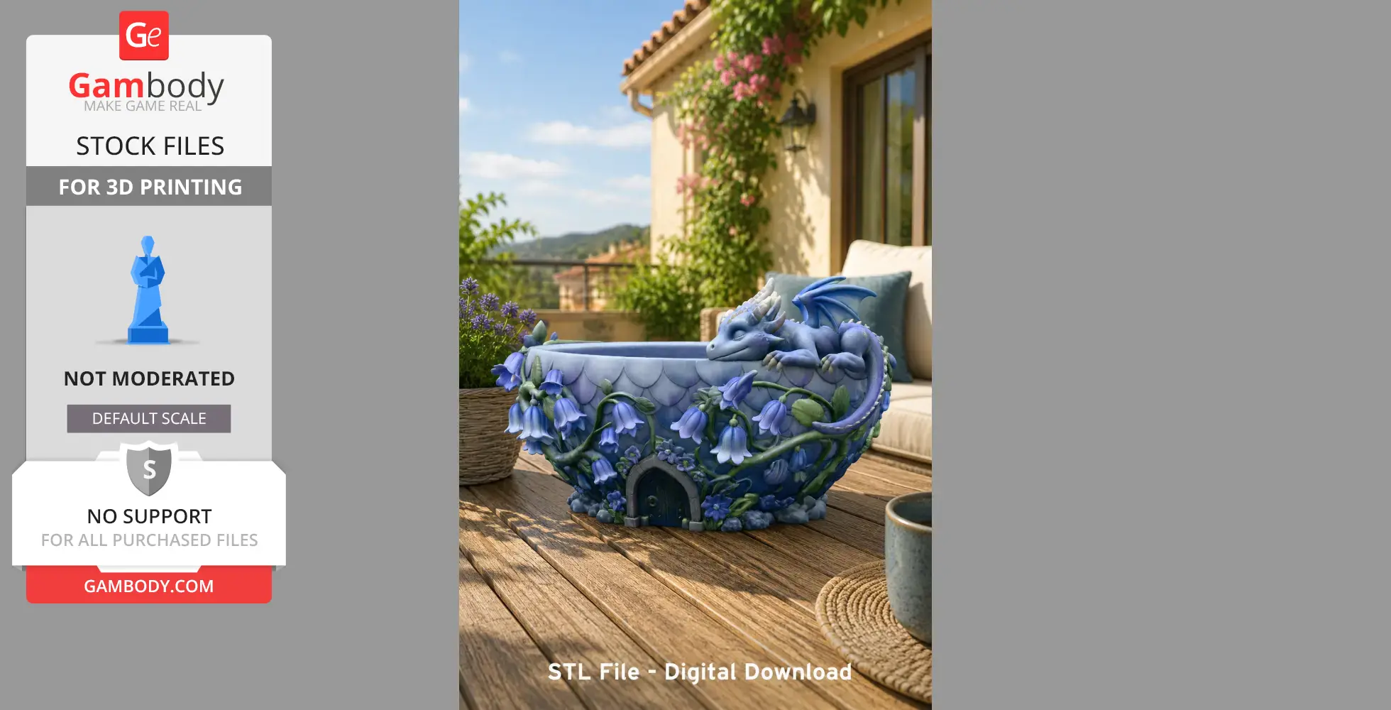A blue dragon-shaped flower bowl with floral details, set on a wooden patio.