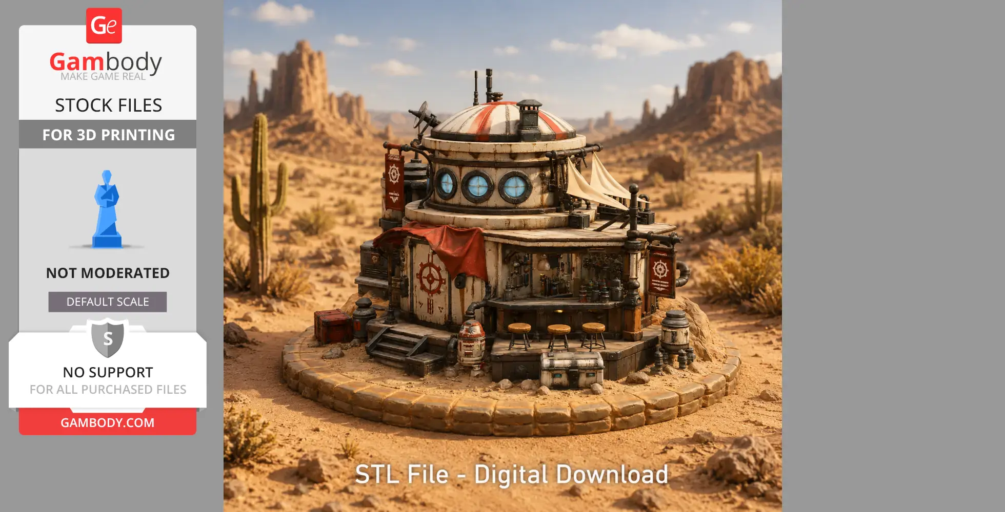 Desert outpost cantina with round design, stools, and banners, set in a sandy landscape with cacti.
