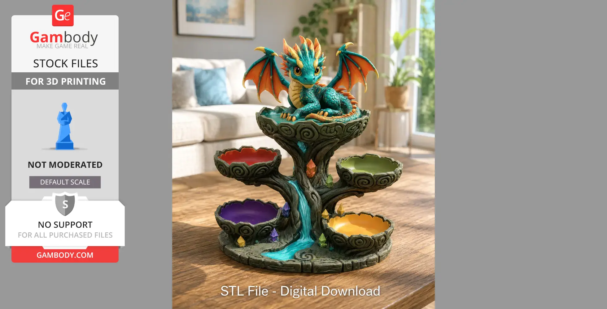 Colorful baby dragon perched on a tree-shaped organizer with four colorful dish tiers for 3D printing.