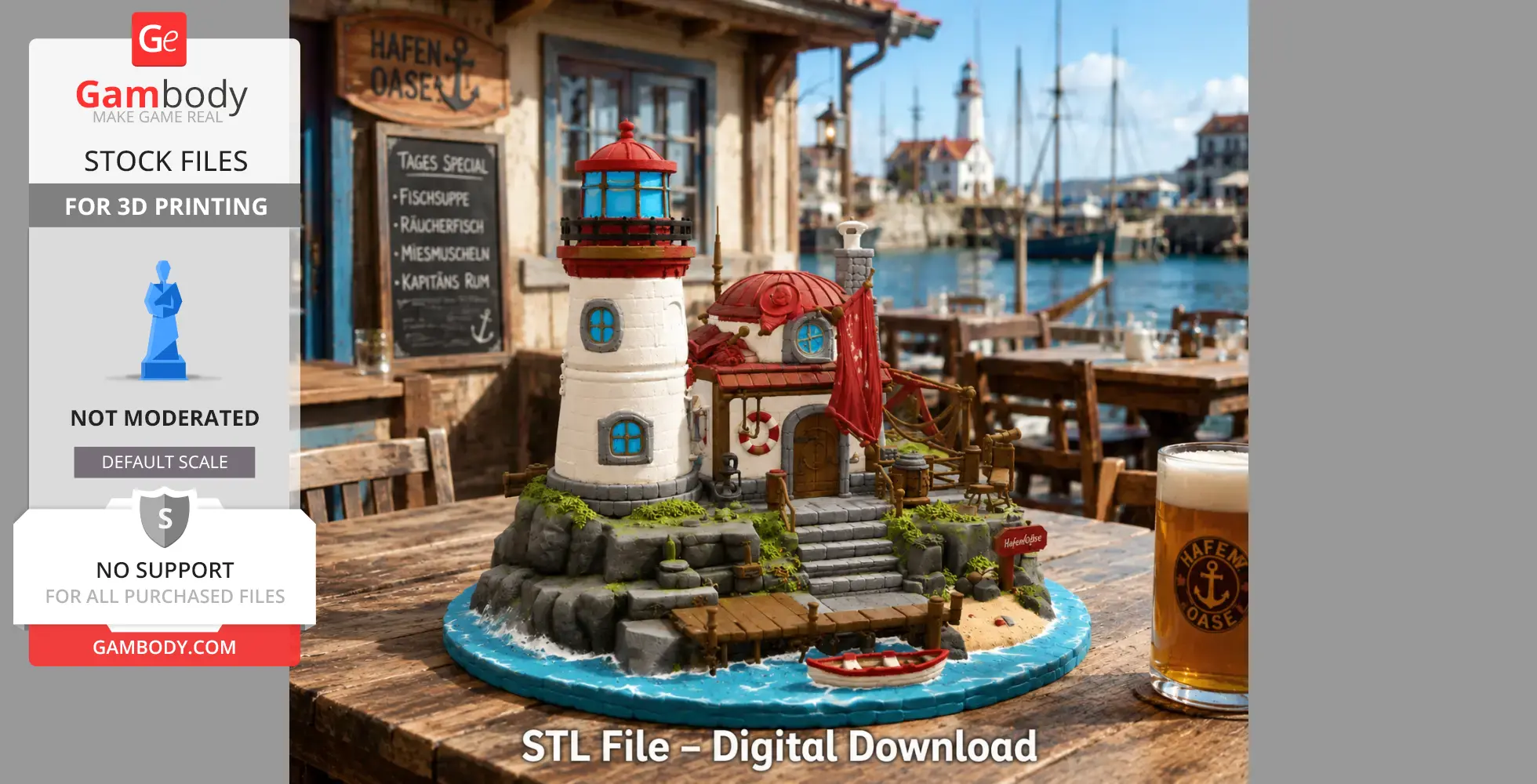 3D model of a detailed lighthouse and harbor house on a rocky base with boats and greenery.