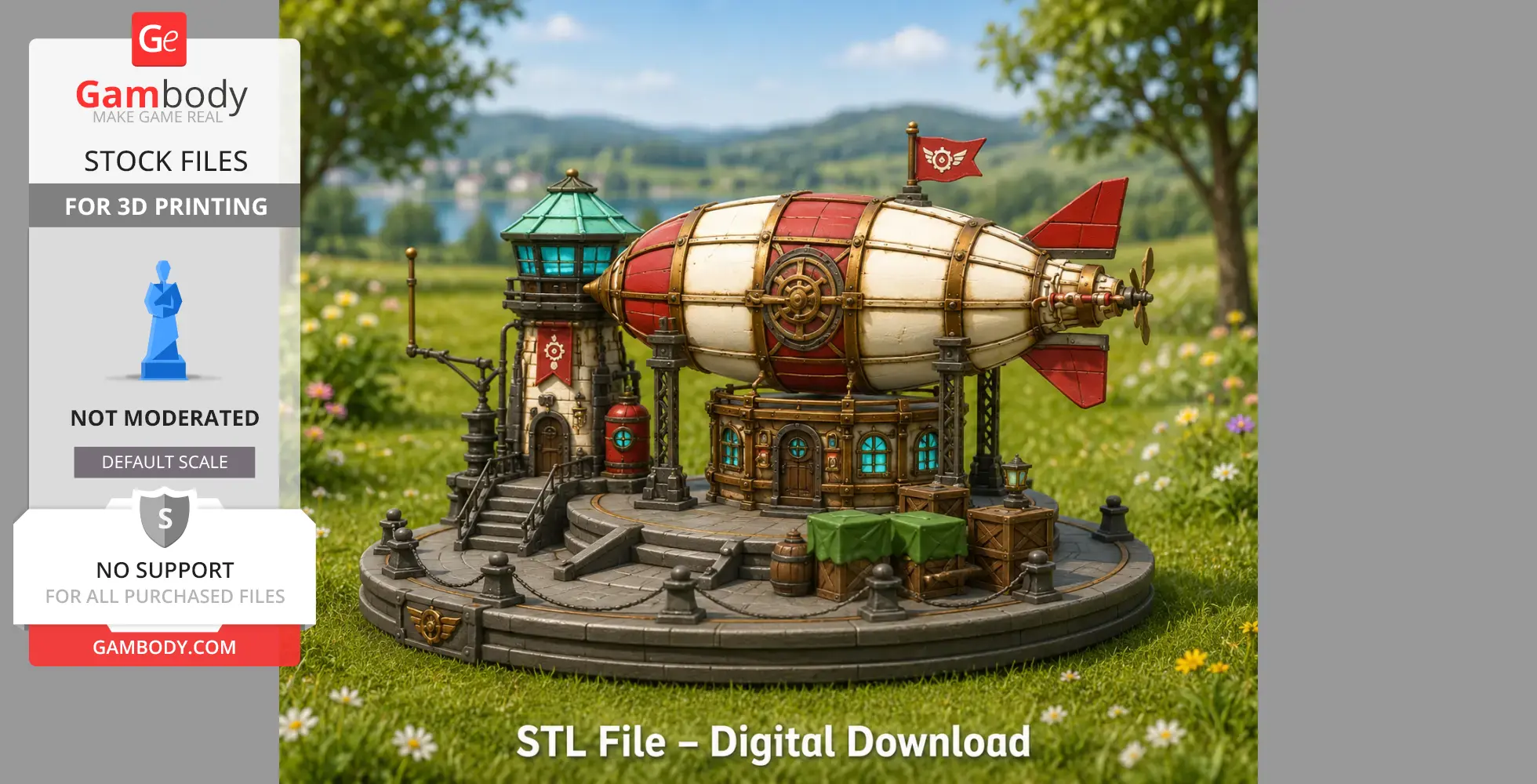 Steampunk airship station on a circular base, with a lighthouse and docked airship, set in a grassy landscape.
