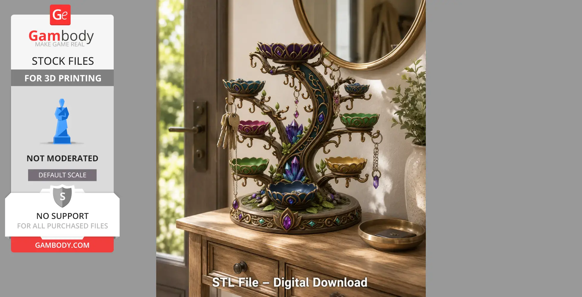 Ornate jewelry tree with colorful crystal bowls and hanging decorations on a wooden table.