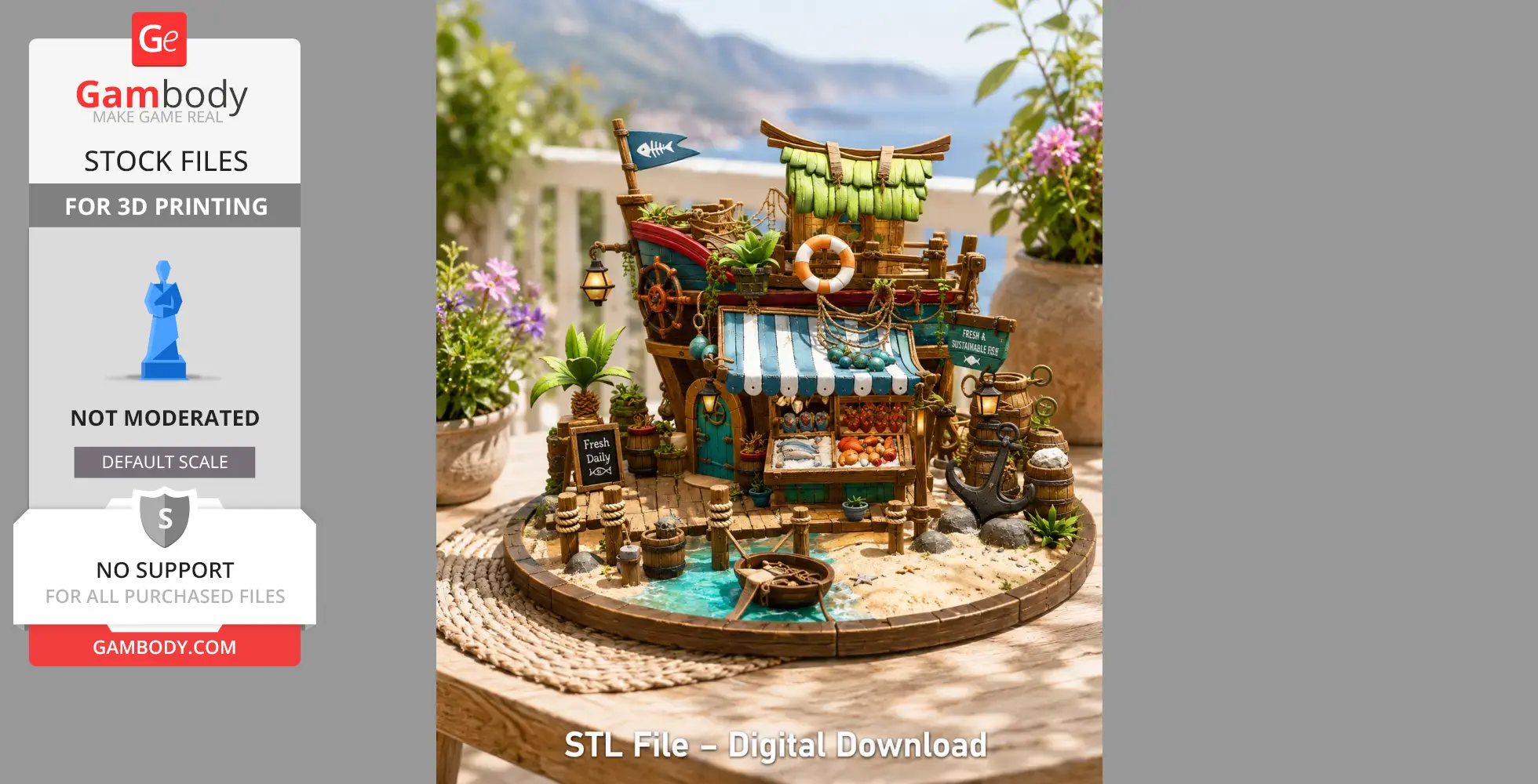 Whimsical model of a floating fish market boat with vibrant details and colorful decorations.