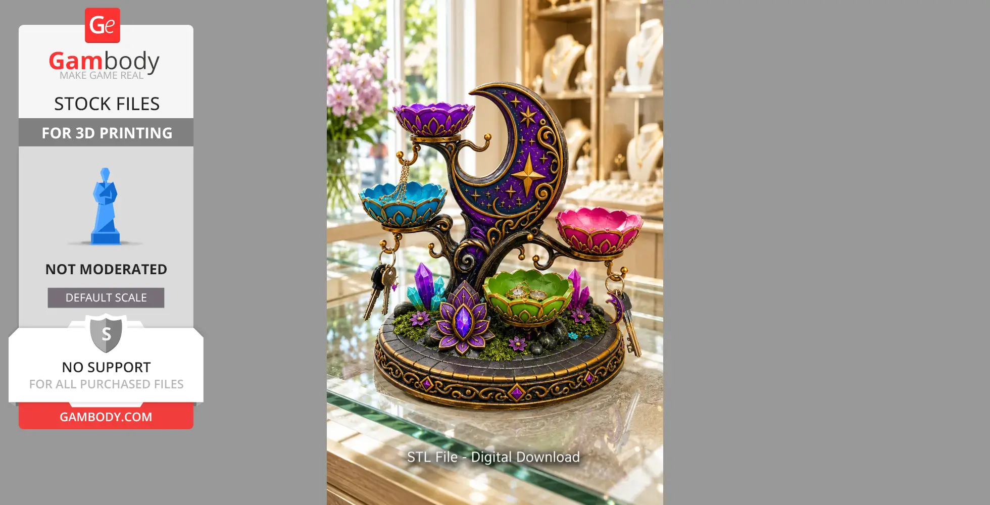 Ornate jewelry and key organizer with colorful bowls, crescent moon design, and decorative crystals.