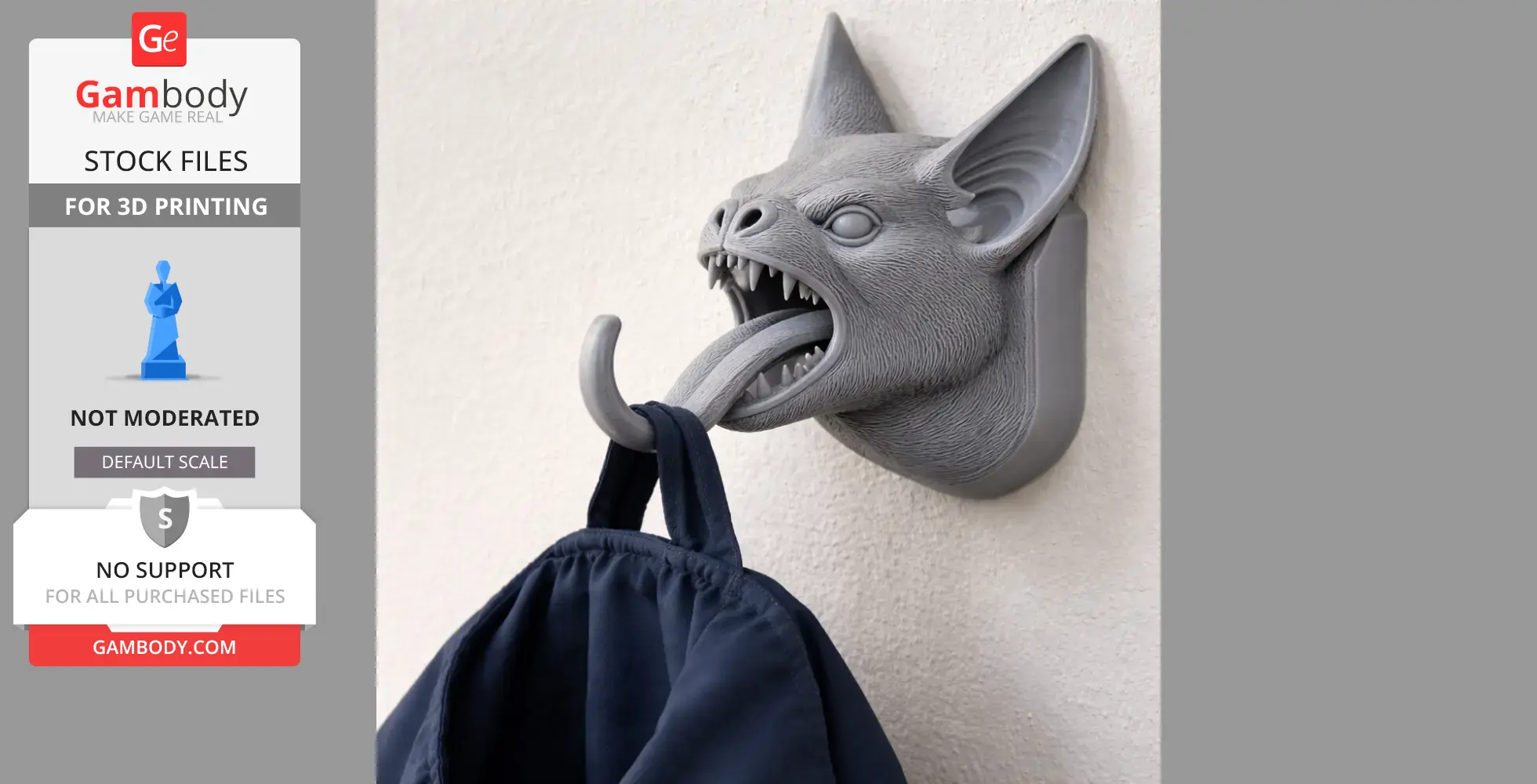 3D-printed bat head wall hanger with hook, holding a blue bag.