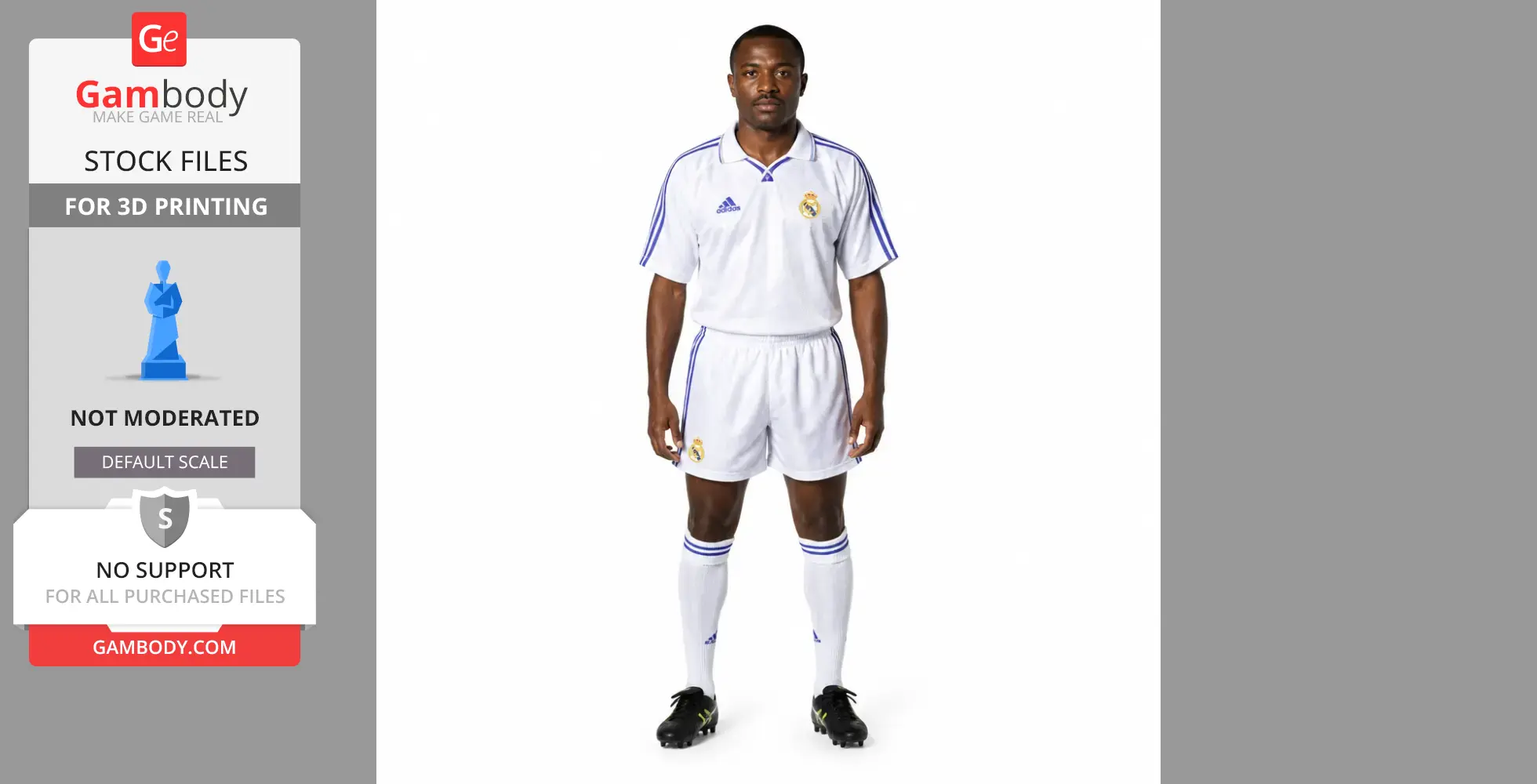 A 3D model figure in a soccer uniform, ready for 3D printing, displayed on Gambody's platform.
