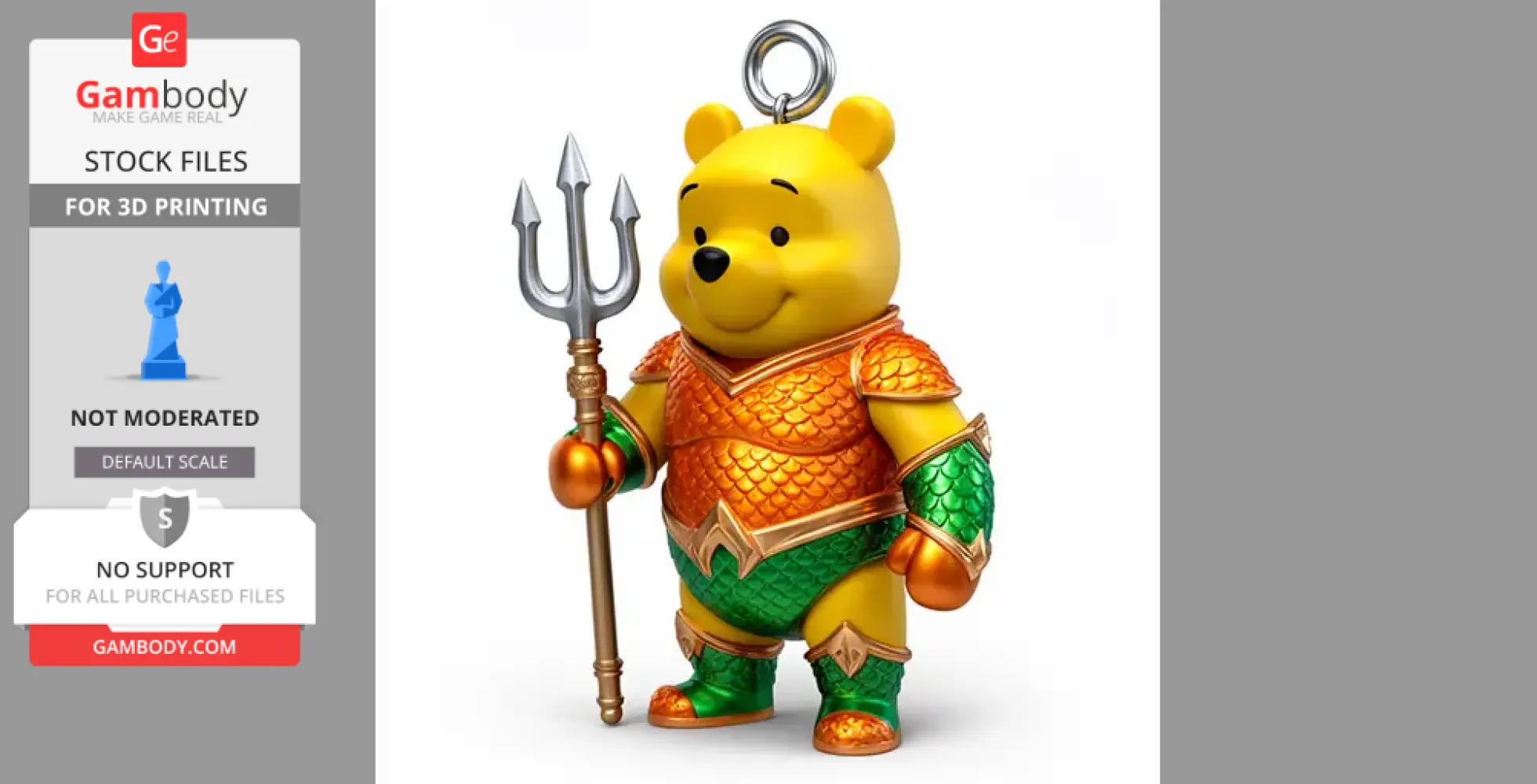 A figure of a bear in Aquaman armor holding a trident with an attached ring loop on its head.