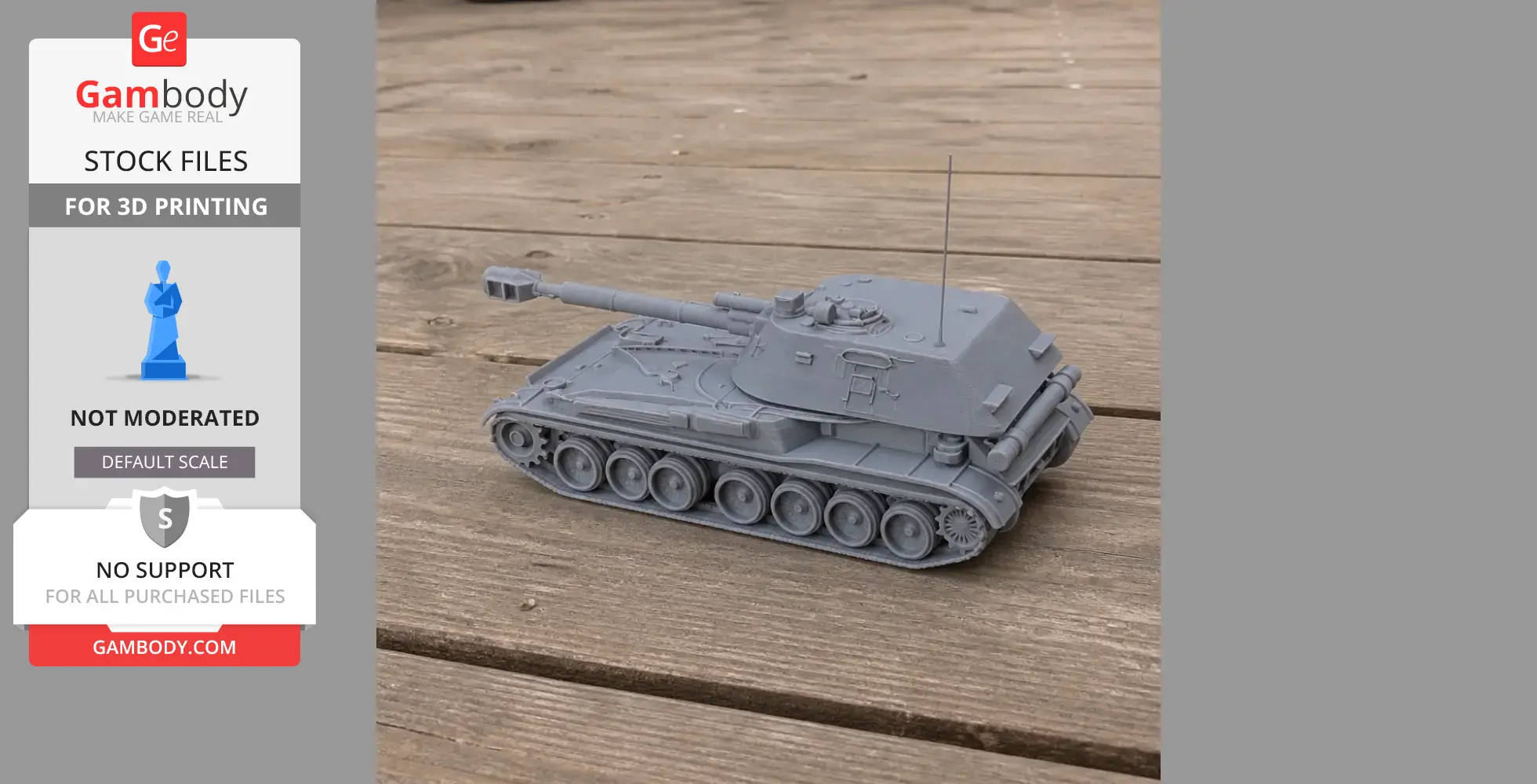 Gray 3D-printed model of a 2S3 Akatsiya tank on a wooden surface.
