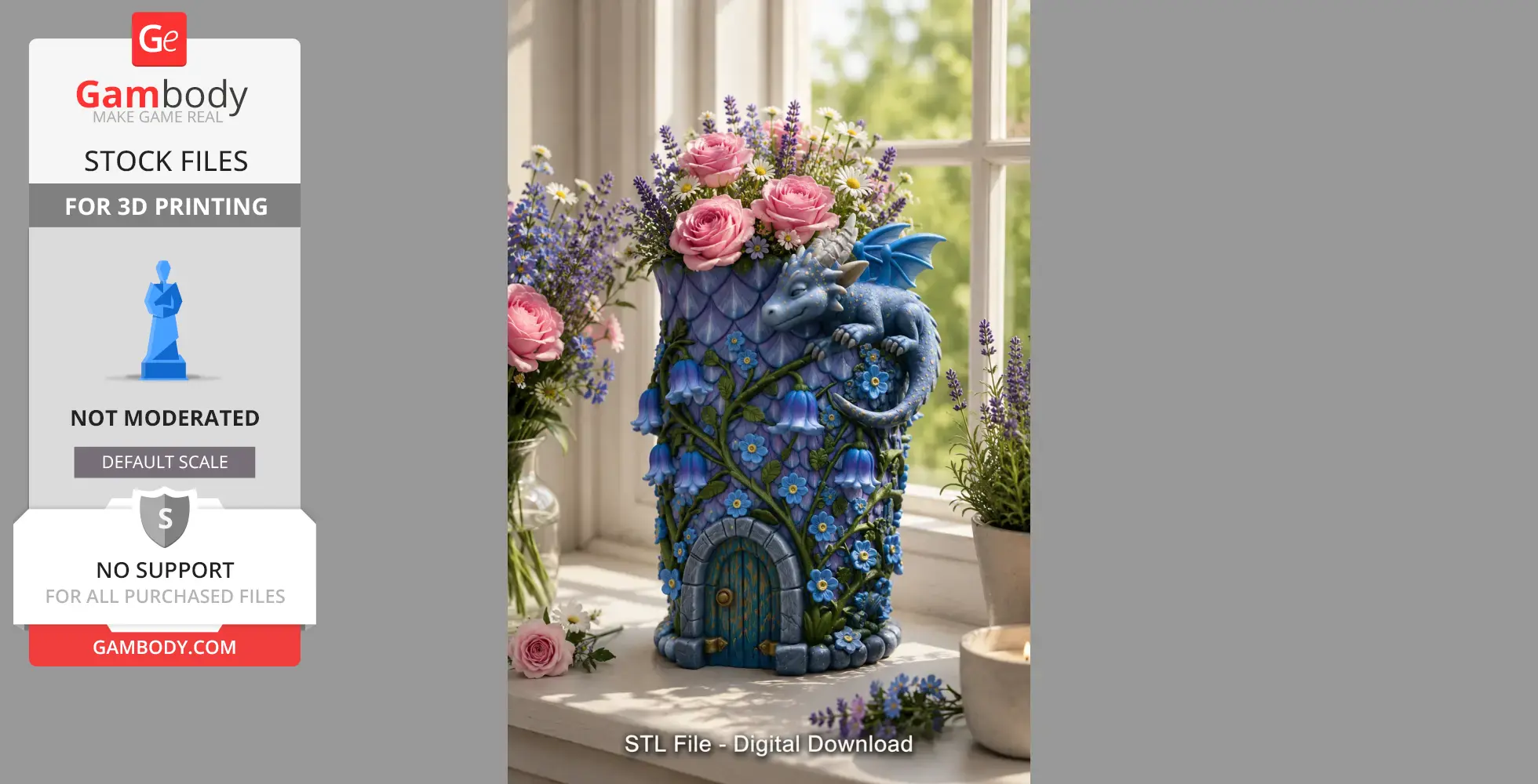 A vase with a dragon design, adorned with pink and purple flowers, shaped like a tower with a door.