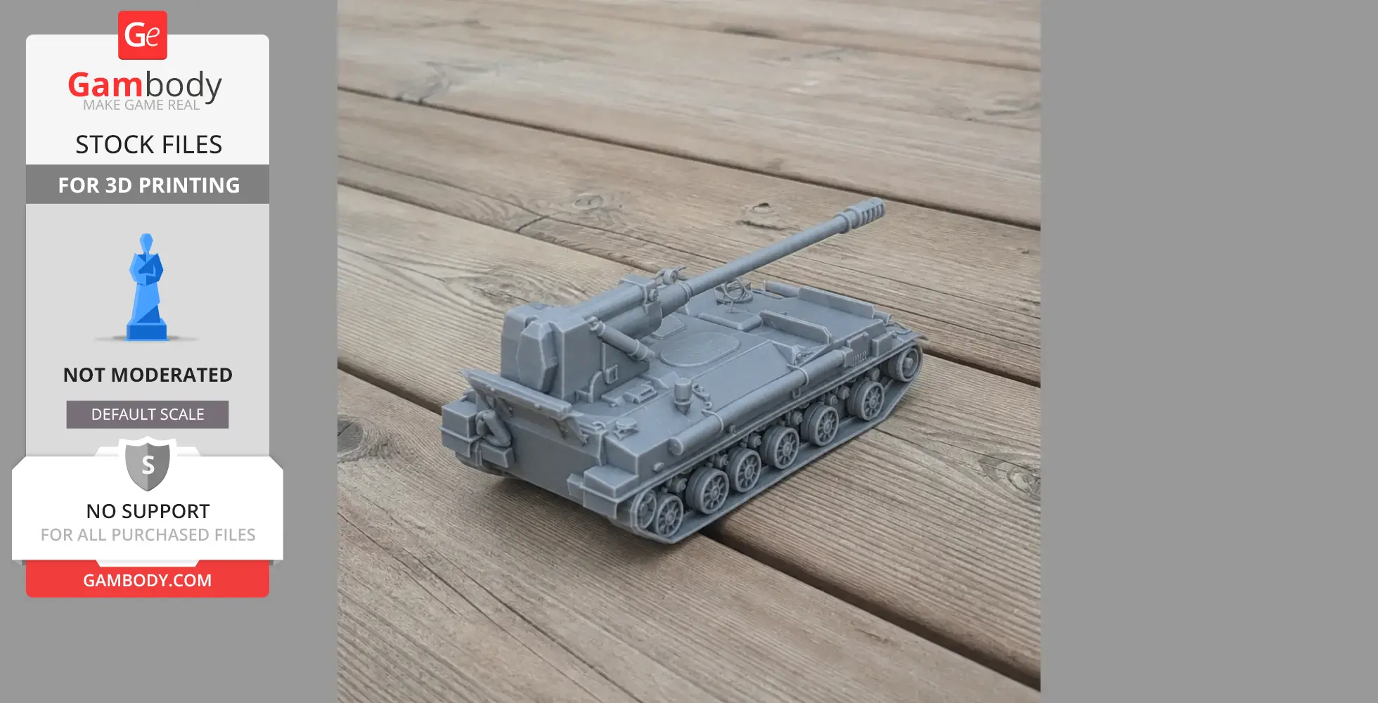 Gray 3D-printed model of a 2S5 Giatsint tank on a wooden surface.