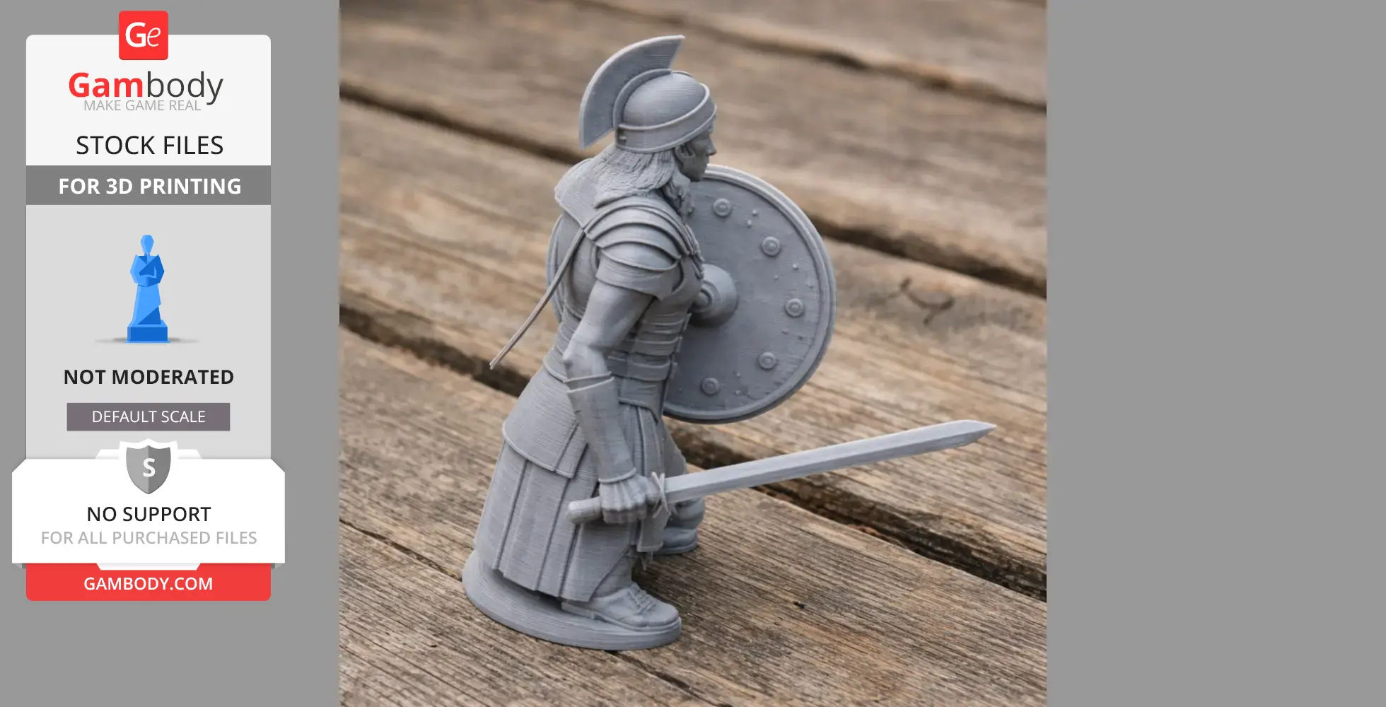 A 3D-printed gladiator figurine with a shield and sword, wearing a helmet and armor, on a wooden surface.