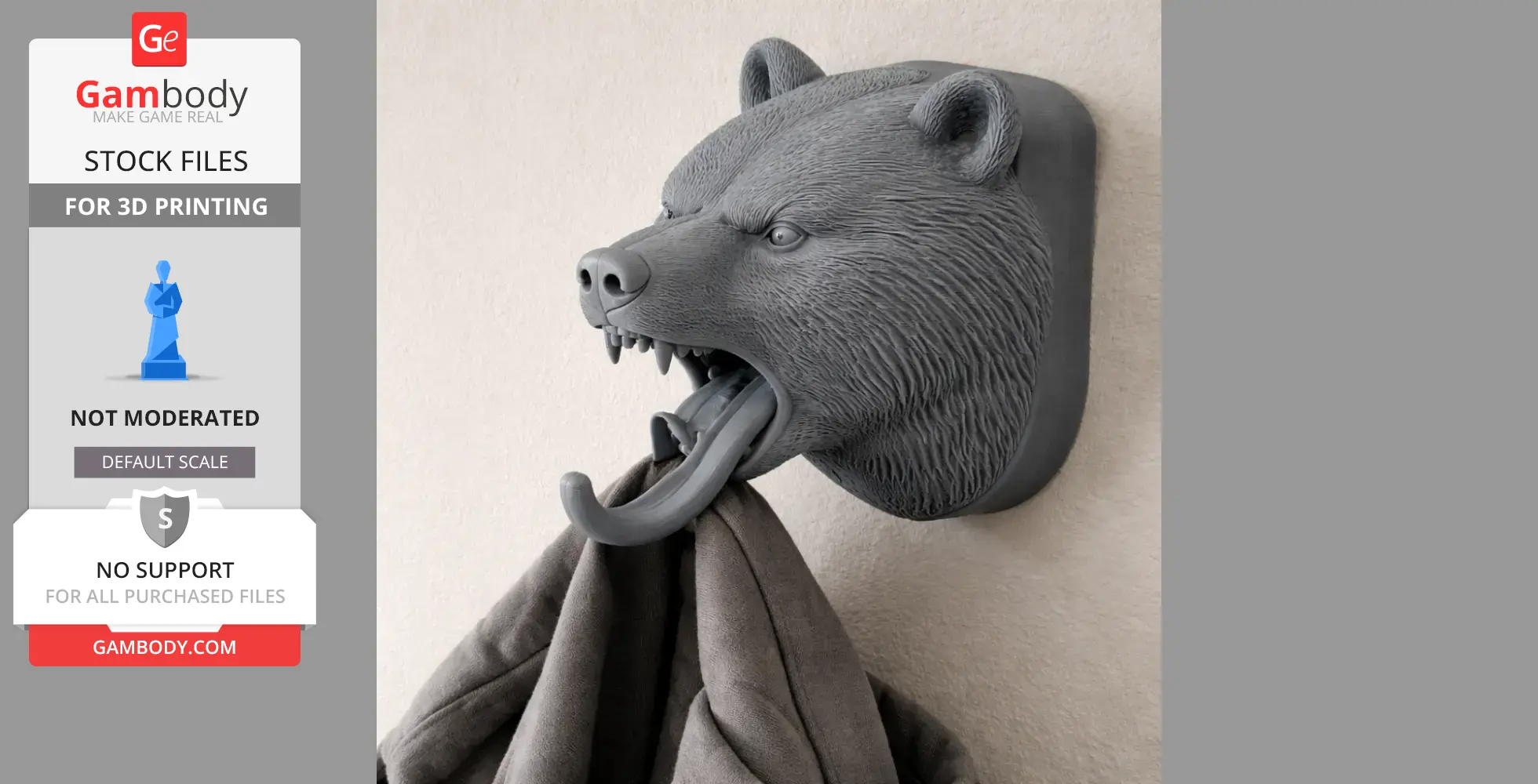 A wall-mounted bear head with an open mouth hook holding a coat.