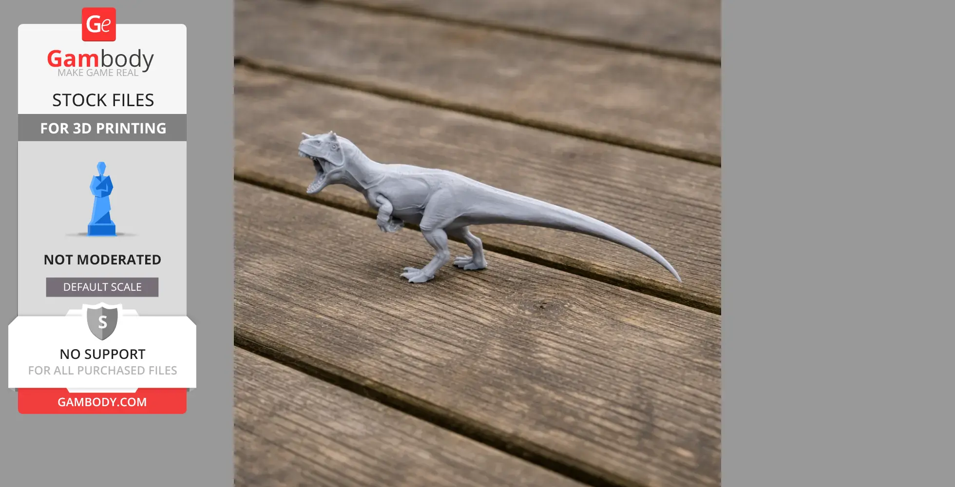 Gray 3D-printed Allosaurus model on a wooden surface.