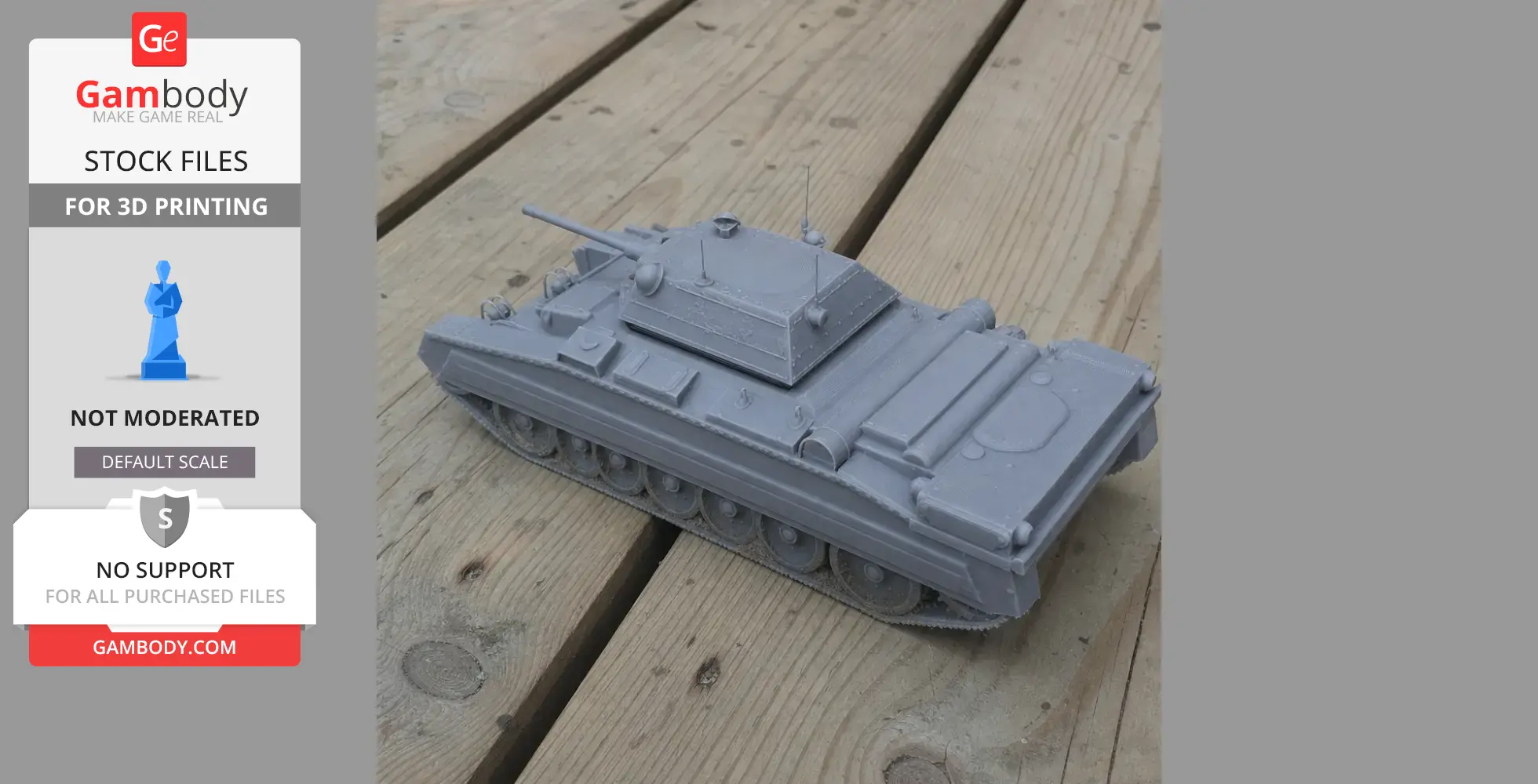 Gray 3D-printed A15 Crusader tank model on wooden surface.