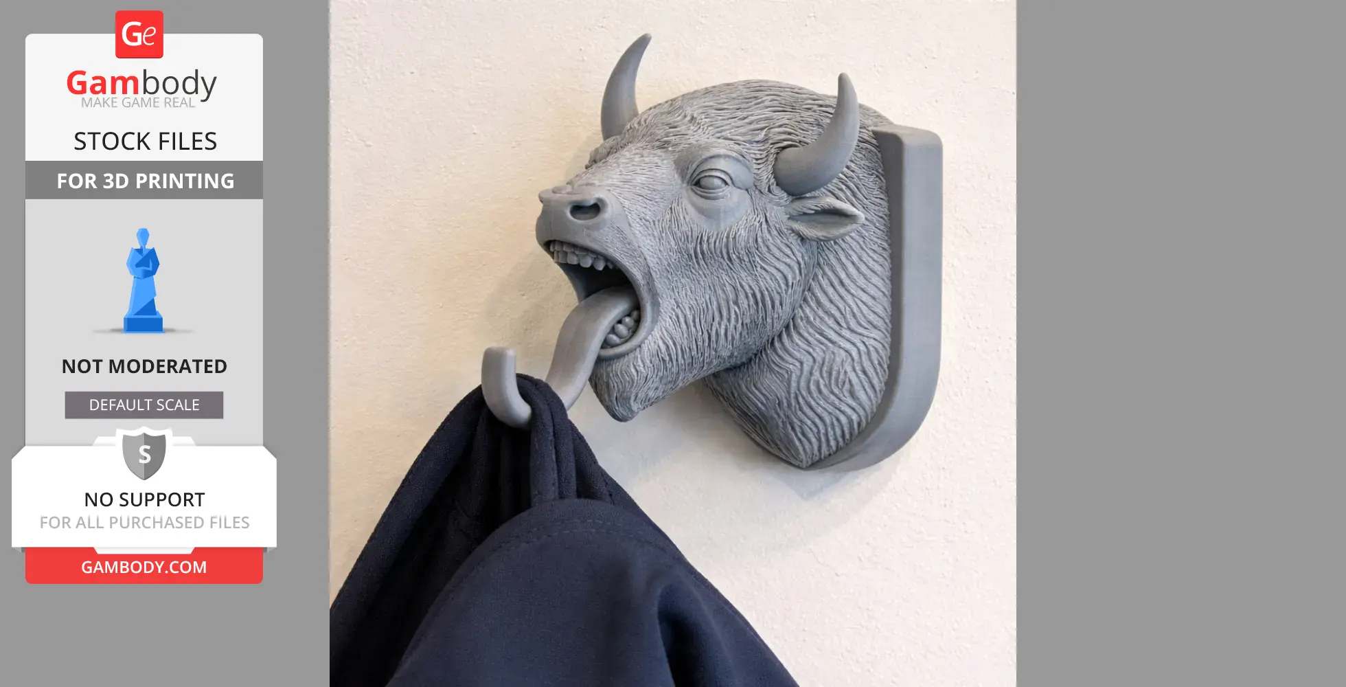 3D-printed bison head wall hook holding a coat.