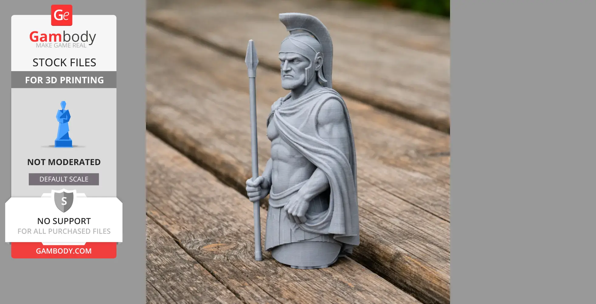 A 3D-printed Spartan warrior holding a spear, wearing a helmet and cloak, standing on a wooden surface.