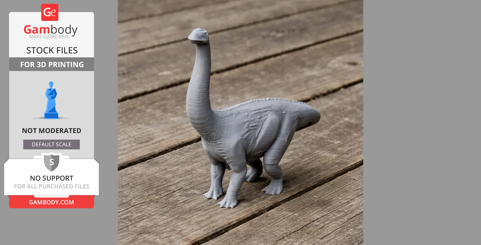 Gray 3D-printed Argentinosaurus model on a wooden surface.