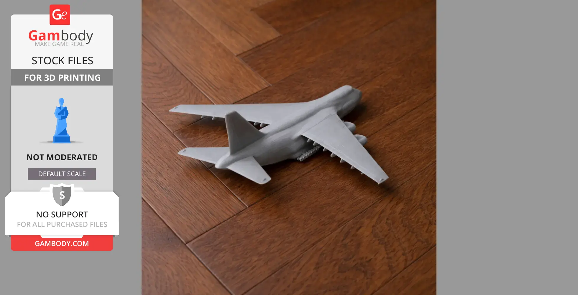 3D printed model of Antonov An-124 plane on wooden floor.