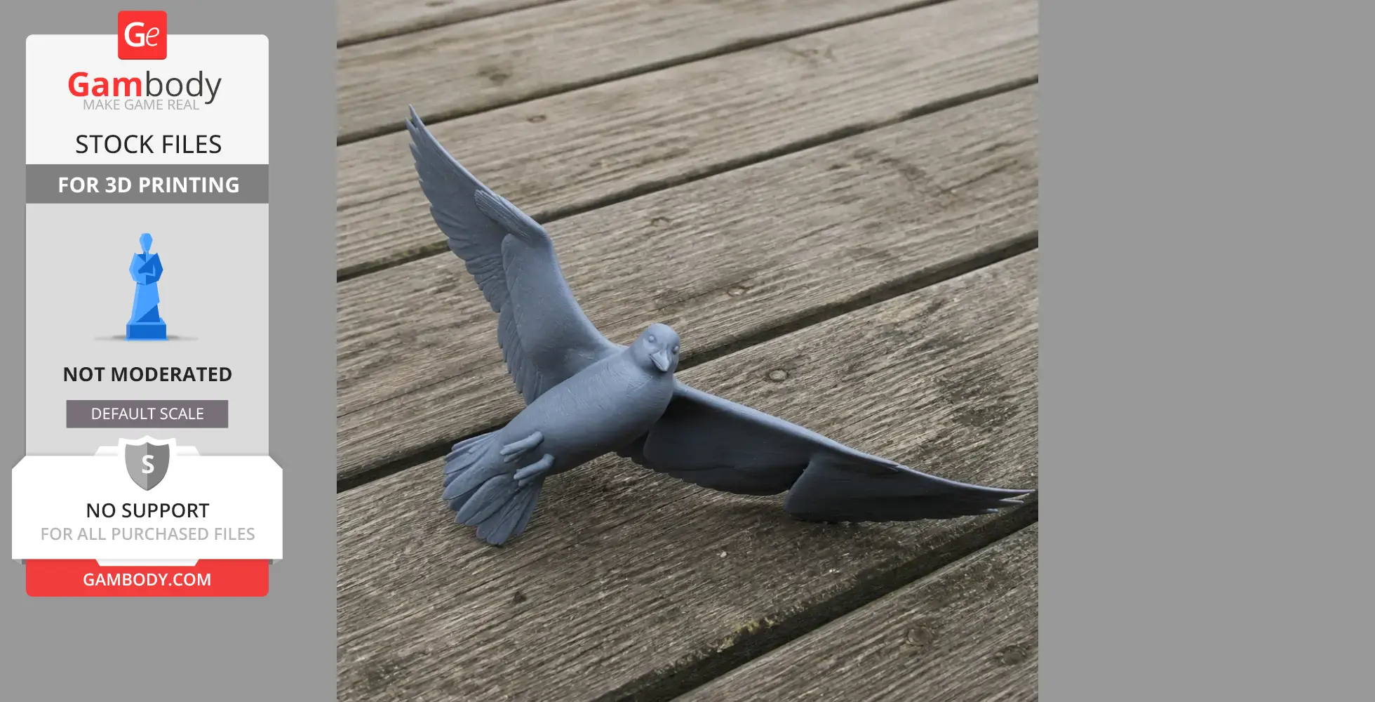 A 3D-printed gray auk model with wings spread, displayed on wooden planks.