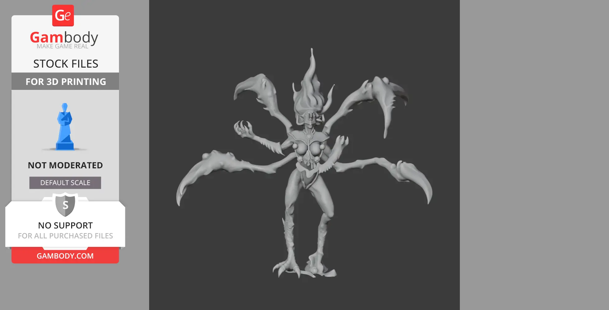 A detailed 3D model of a multi-armed, demonic figure with claw-like appendages and flame-like head.