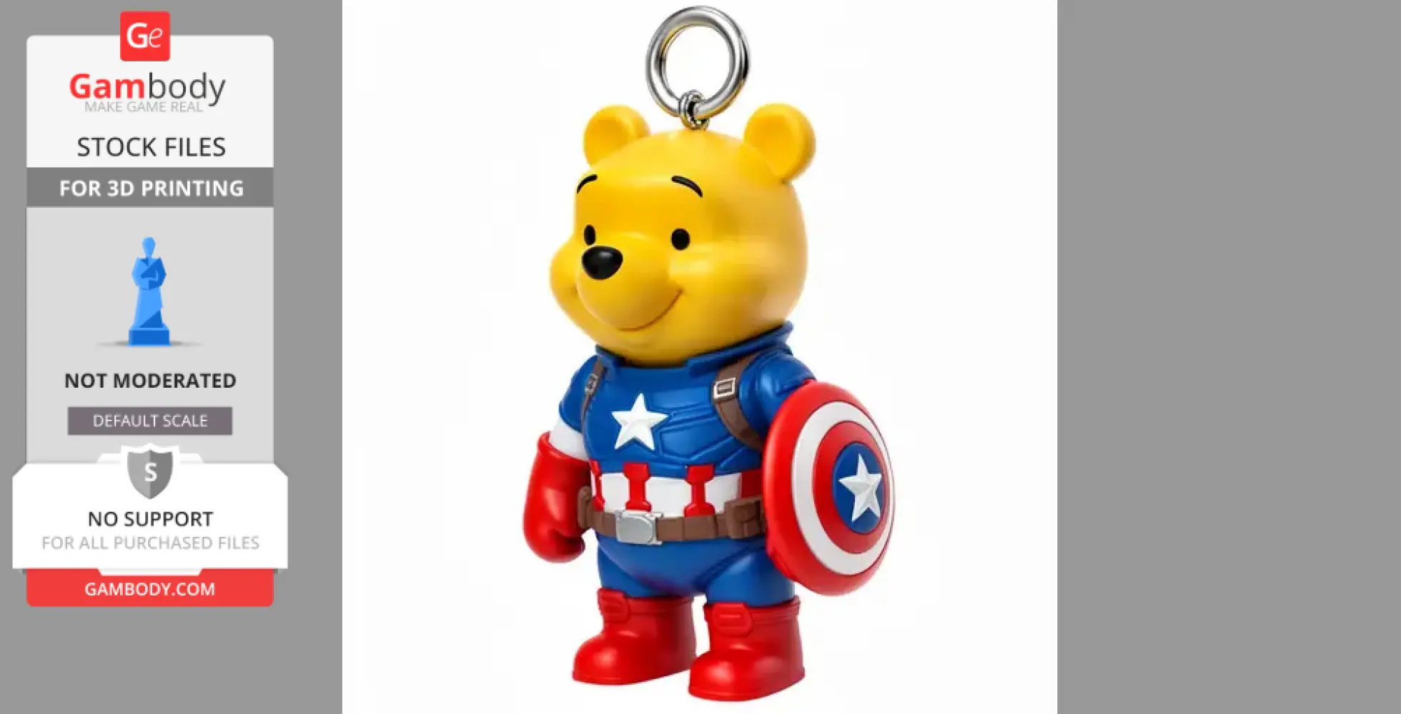 A figure of a bear in a Captain America costume holding a shield with a ring on top.