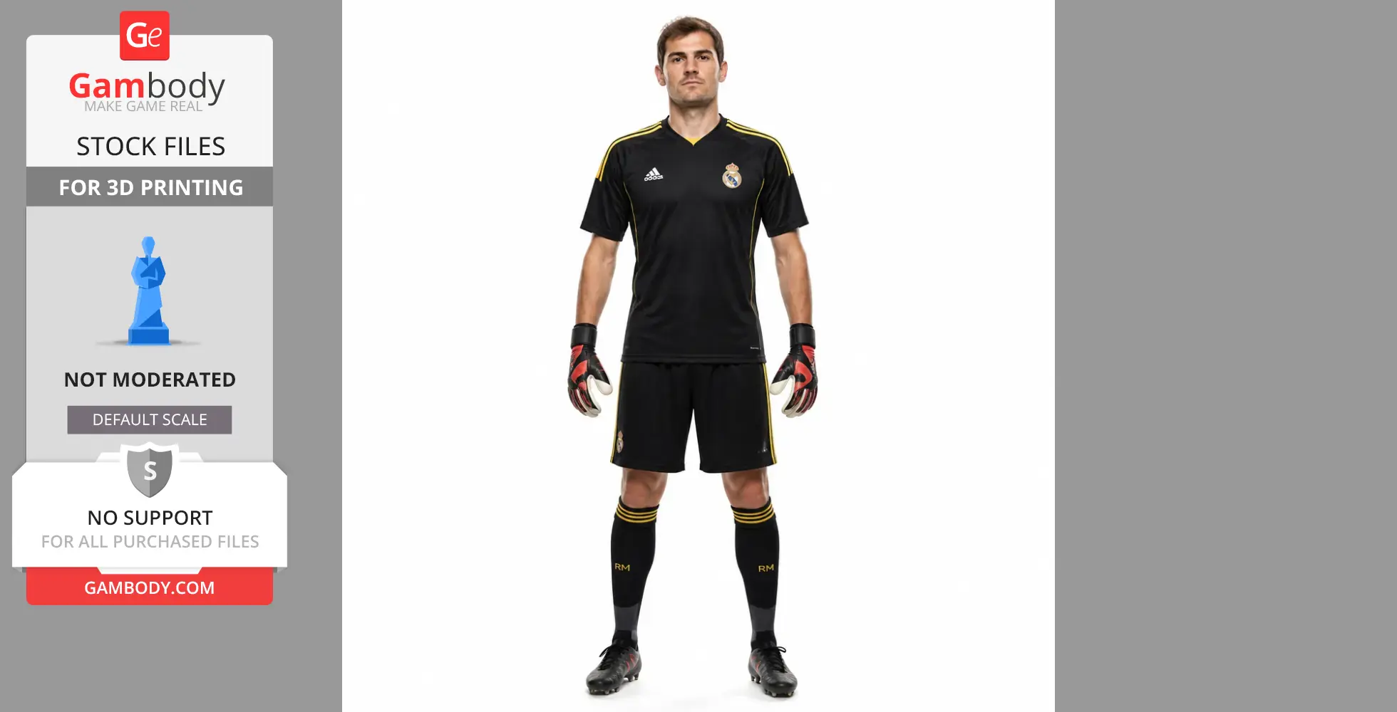 3D model of a soccer player in a black uniform and gloves, standing with arms at sides.