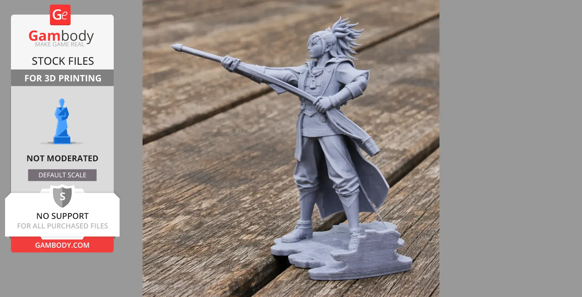 A 3D-printed samurai figure with dynamic pose, detailed armor and hair, holding a long spear.