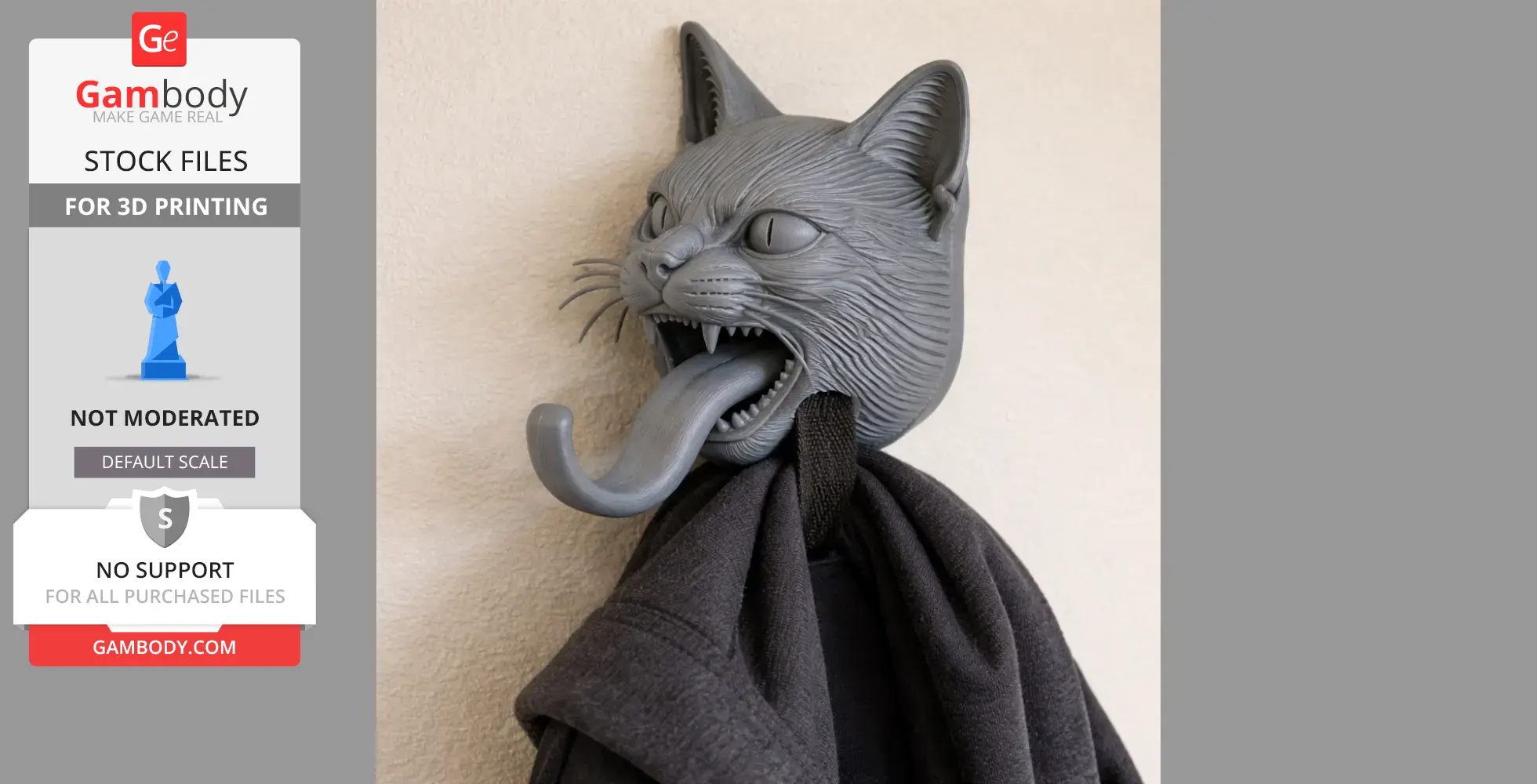 A 3D-printed wall hanger featuring a cat head with an open mouth acting as a hook for coats or keys.