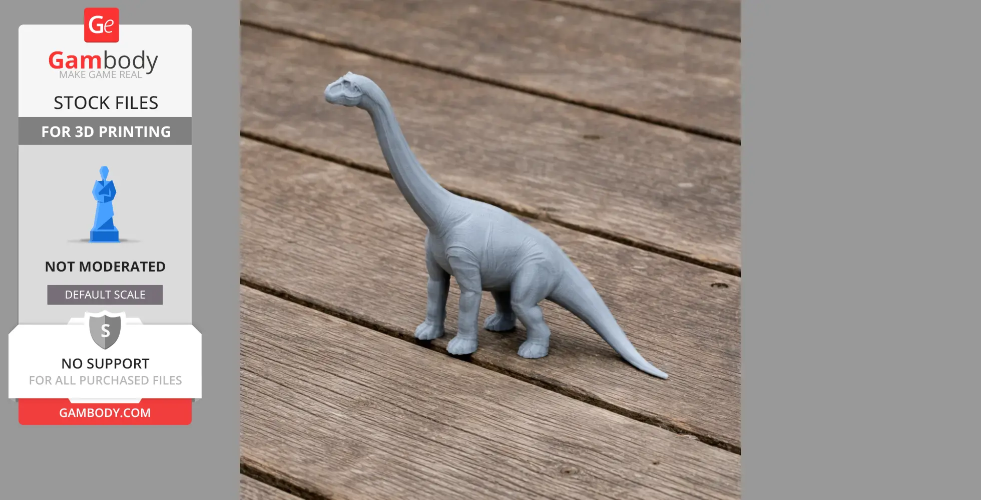 Gray 3D-printed Brachiosaurus model on a wooden surface from Gambody Stock.