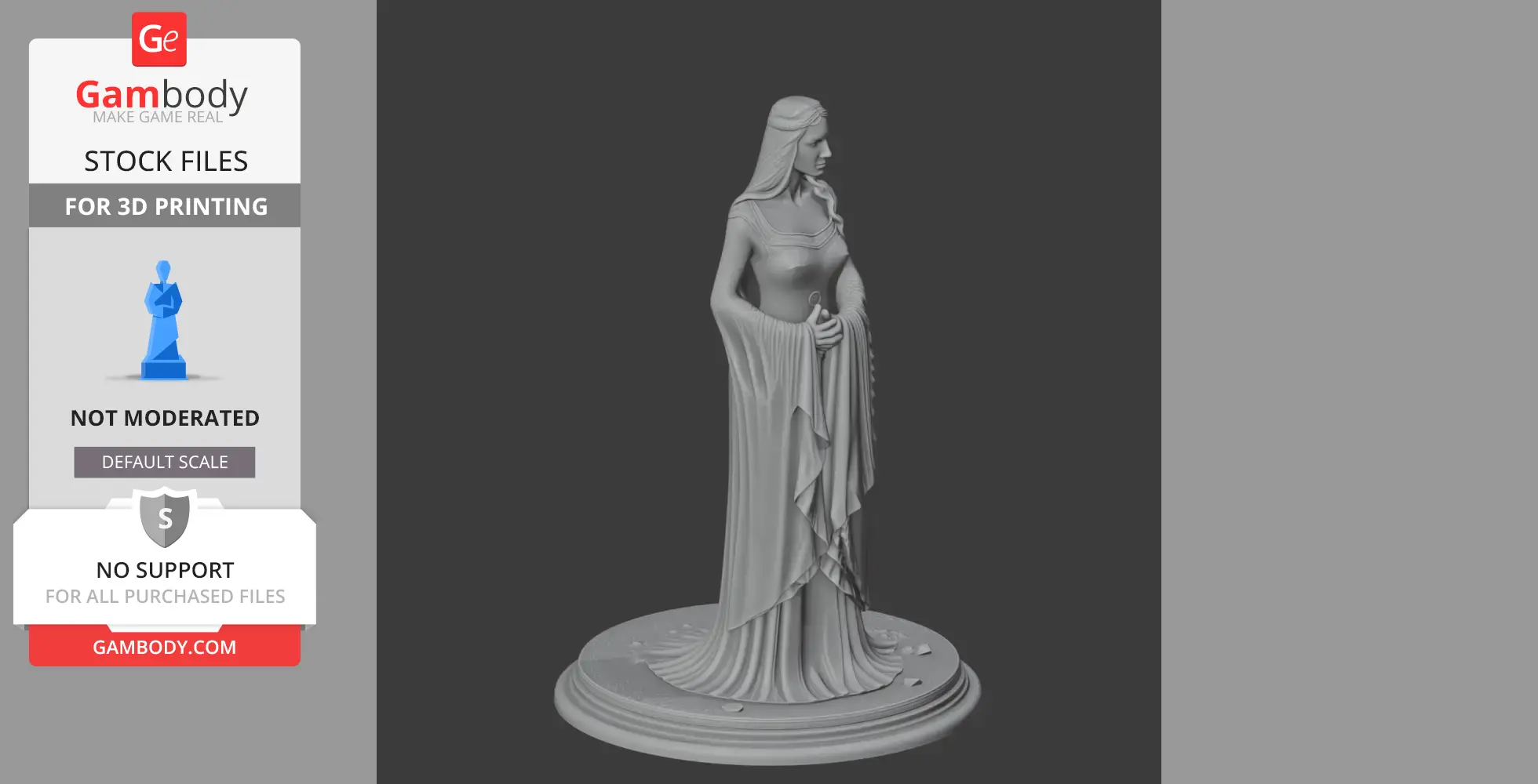 A detailed 3D model of a female character in a flowing gown, standing gracefully on a round base.
