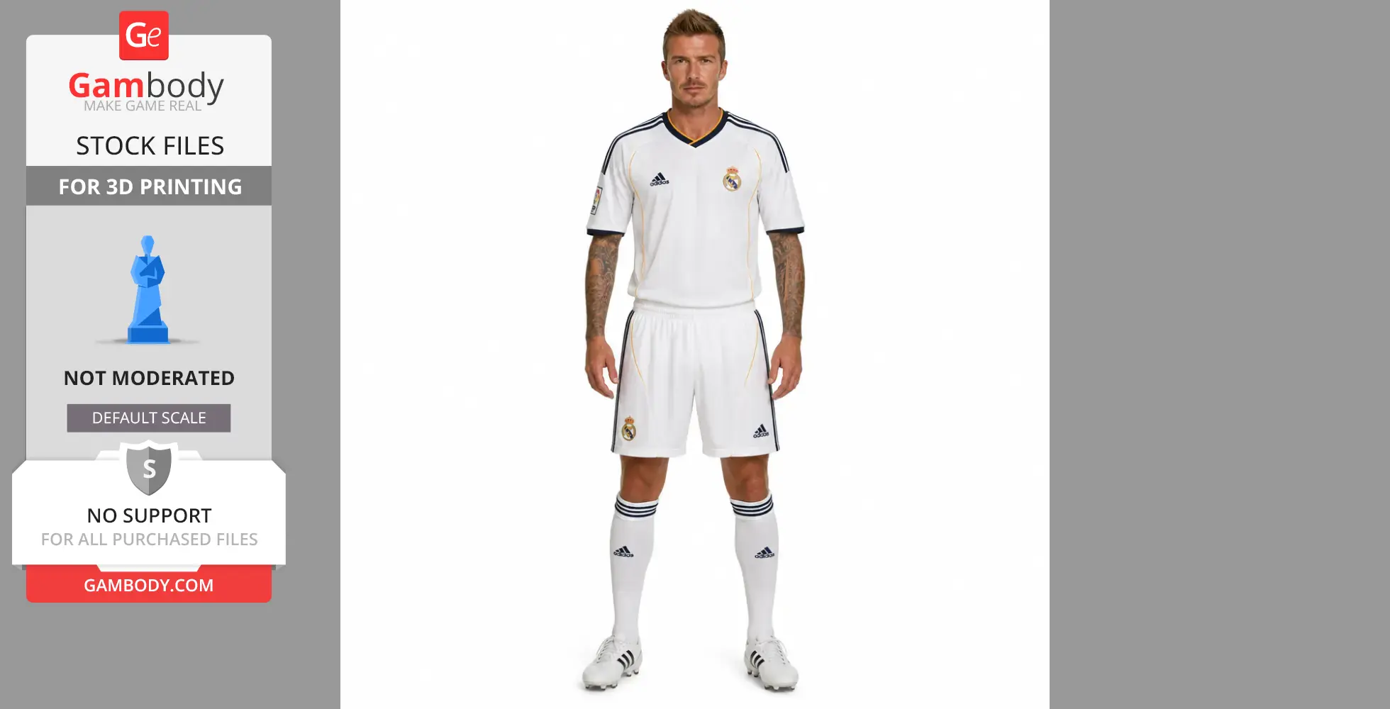 A figurine model of a soccer player in a white uniform, ideal for 3D printing.