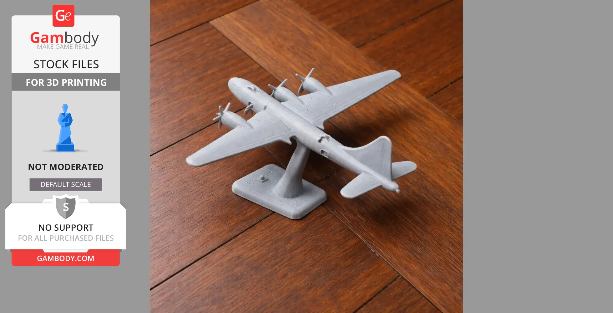 Gray 3D-printed model of a B-29 Superfortress plane on a wooden surface, displayed on a stand.