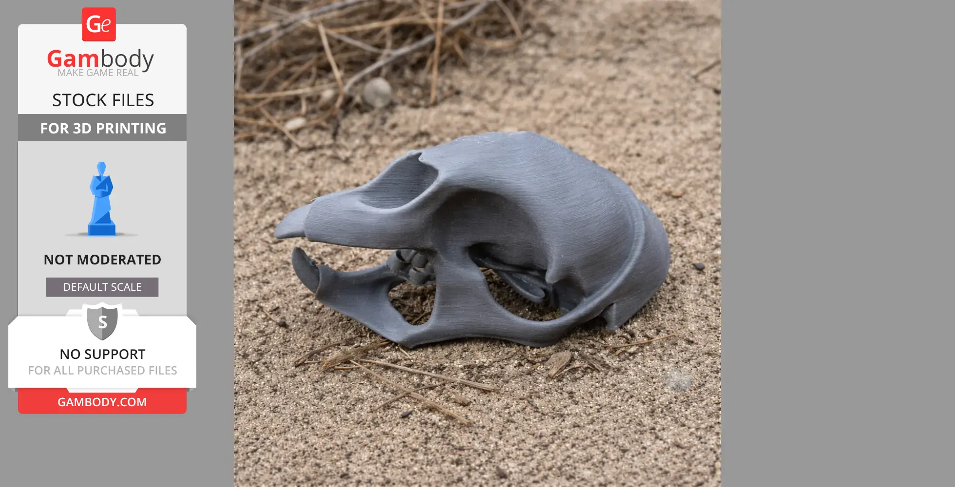 3D printed alpaca skull model on sandy ground.