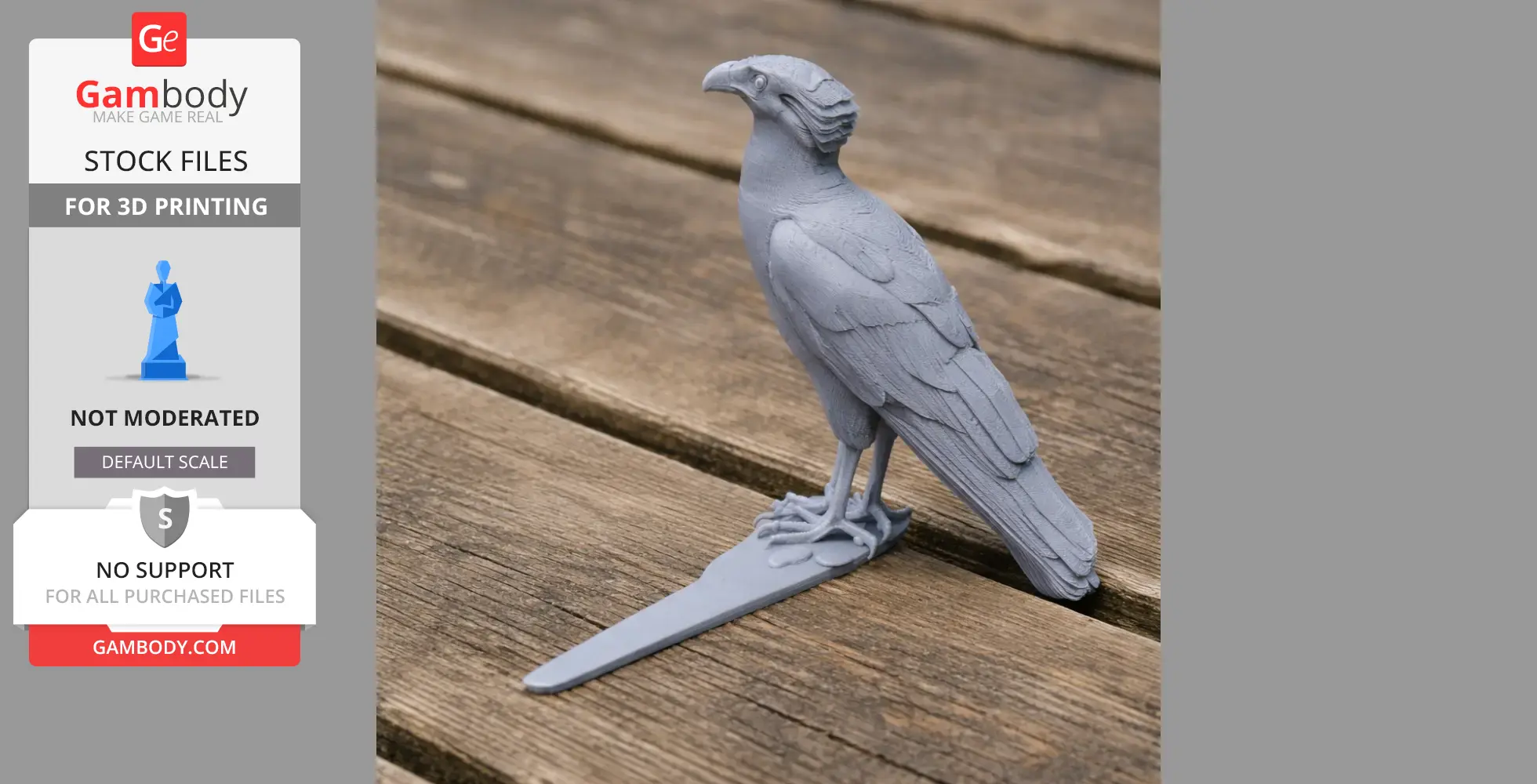 Gray 3D printed model of a caracara bird, standing on a flat base.