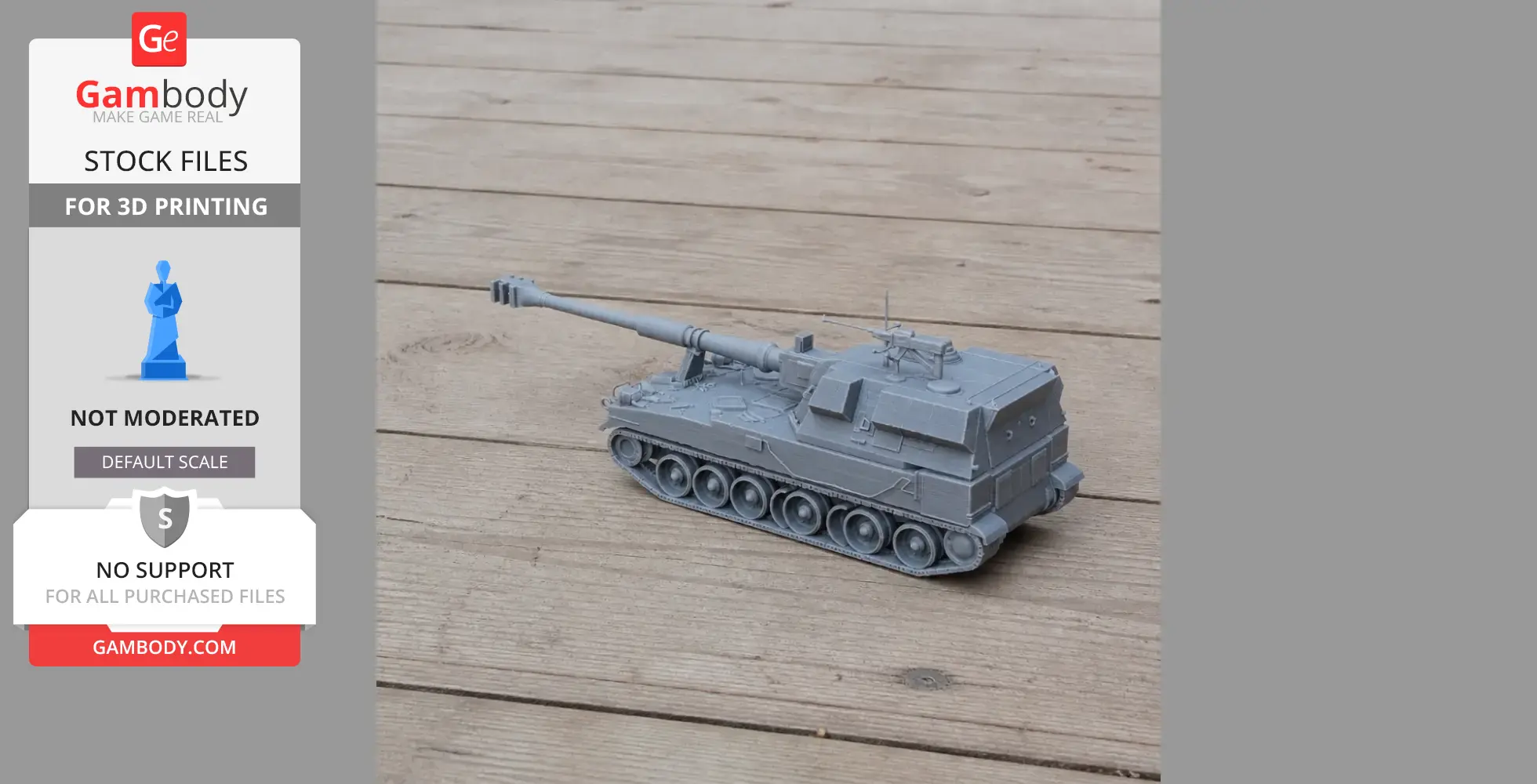 A detailed 3D-printed model of the AHS Krab 155mm tank on a wooden surface.