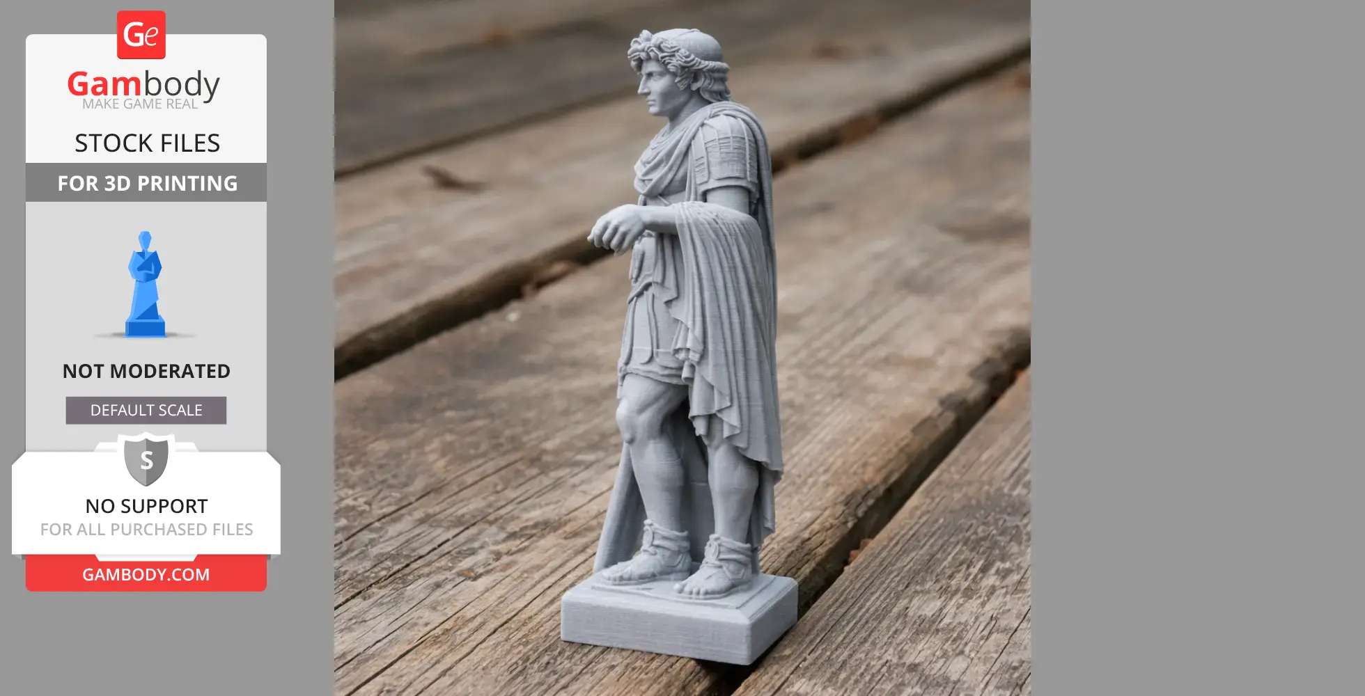 A 3D-printed statue of an ancient warrior in draped attire, standing on a wooden surface.