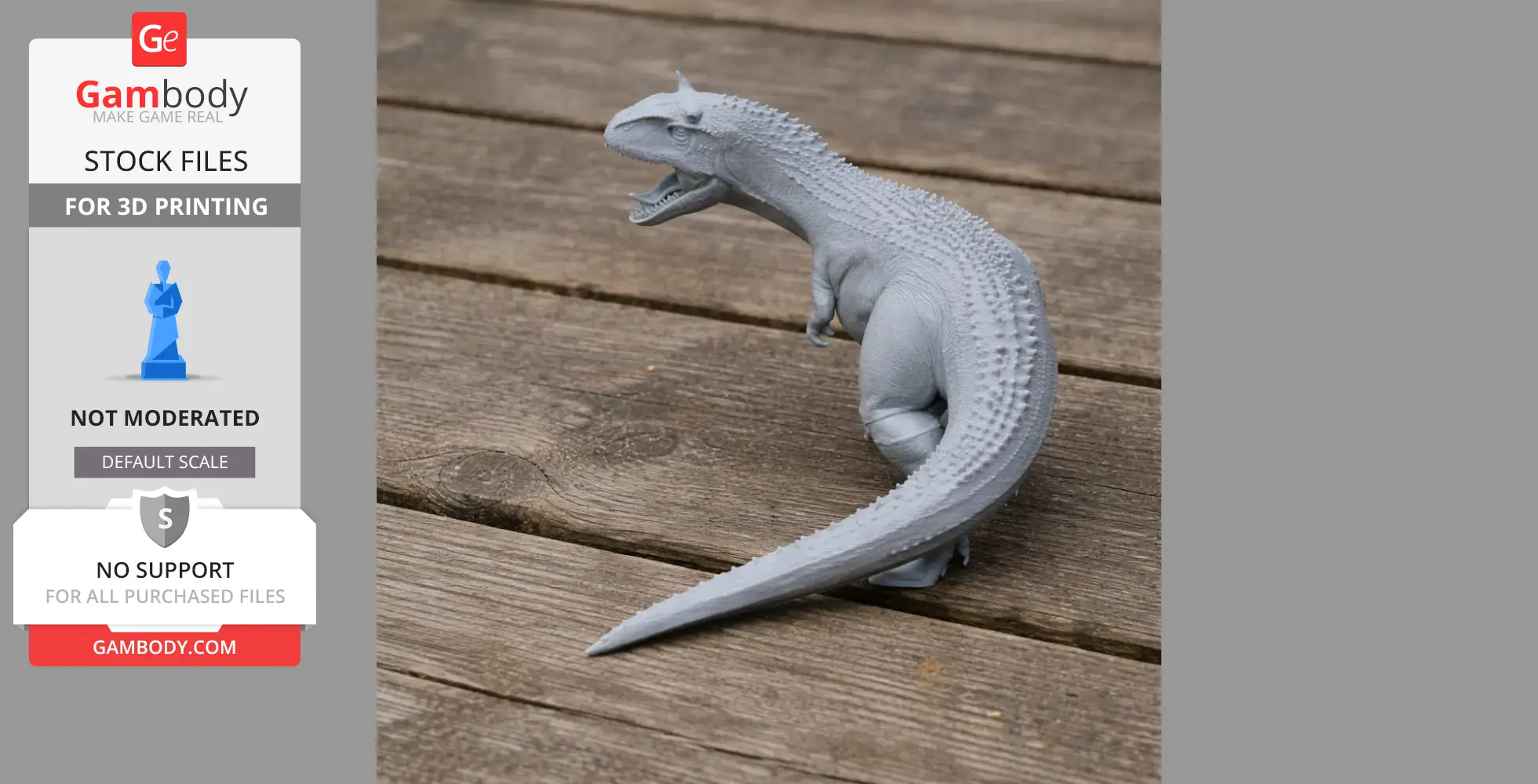 A gray 3D-printed Carnotaurus model standing on wooden planks.
