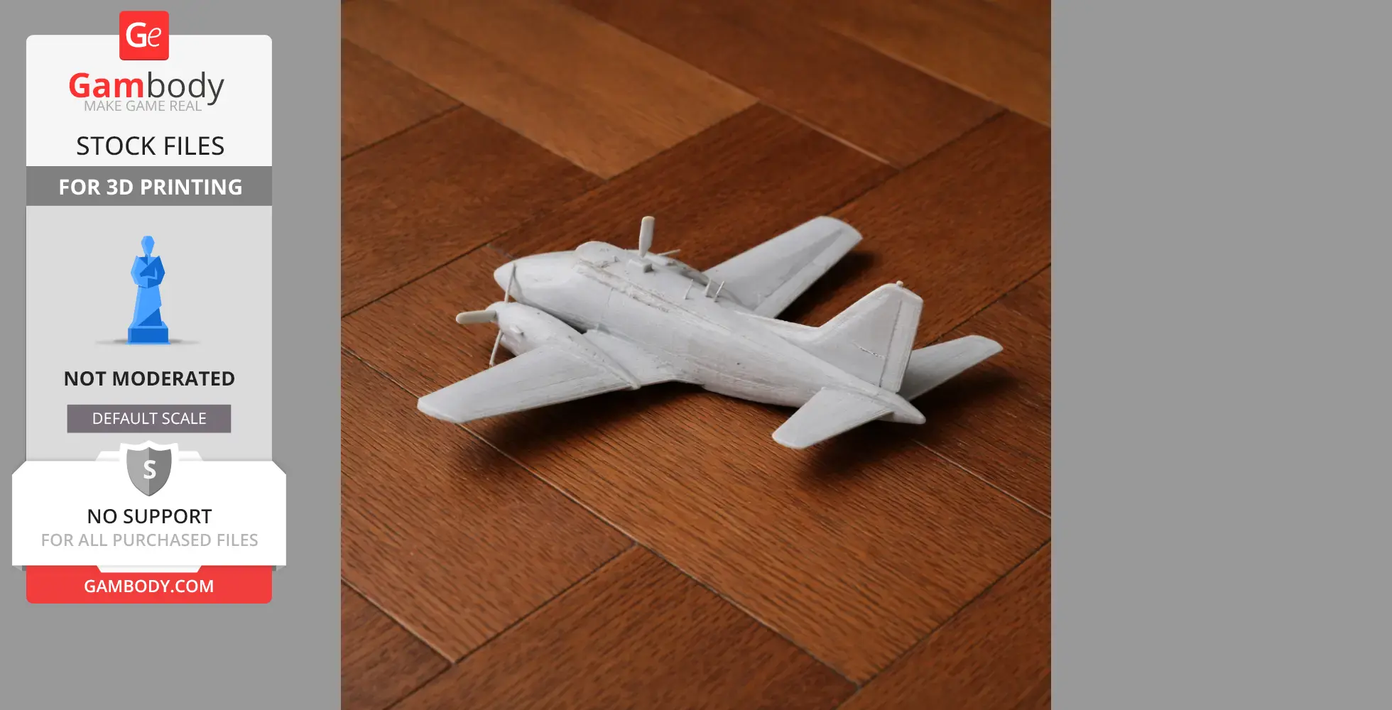 A 3D printed model of a Beechcraft C90 plane on a wooden floor.