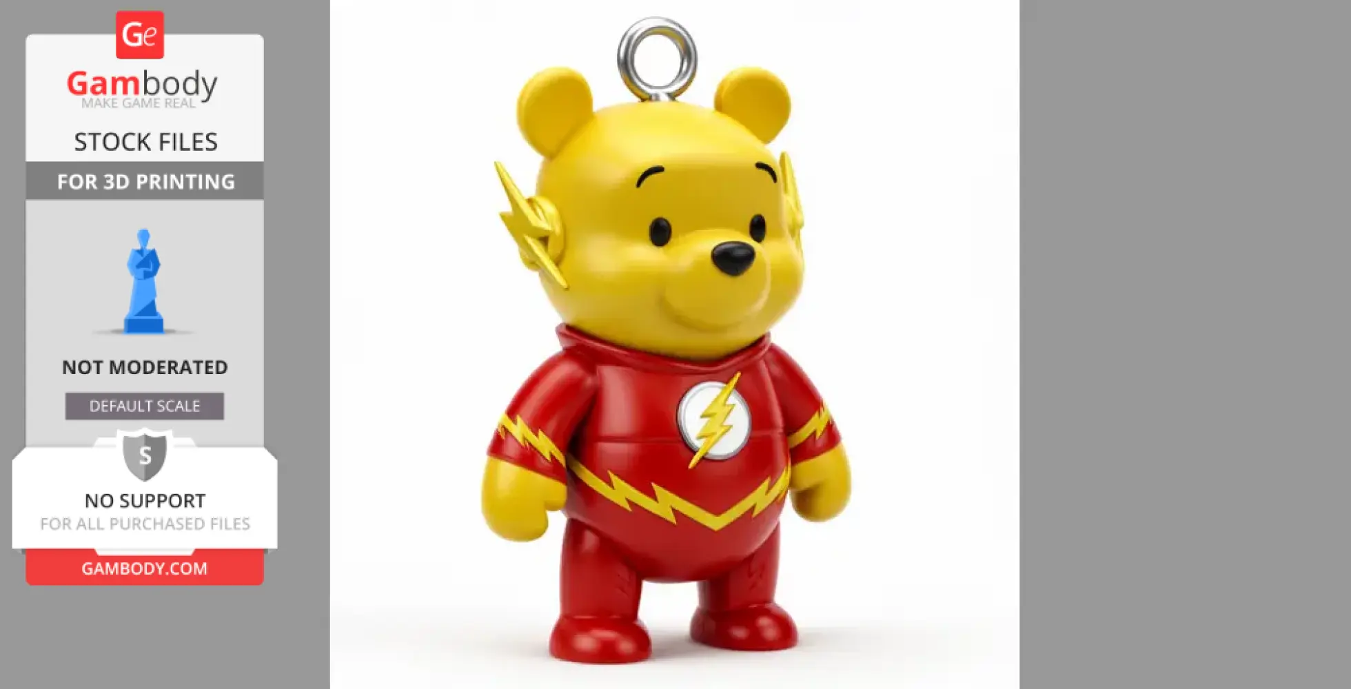 A yellow bear in a red superhero outfit with lightning bolt design and round loop on top.