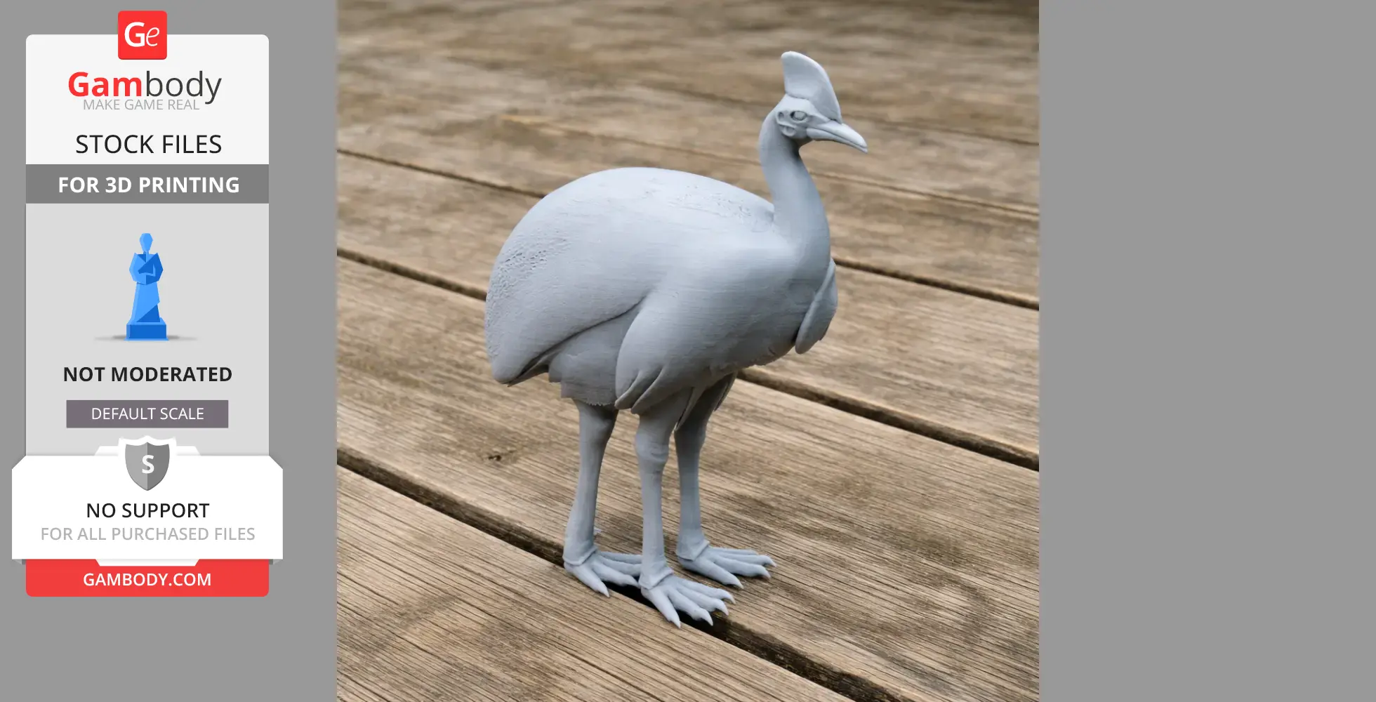 Gray 3D-printed cassowary model standing on wooden surface.