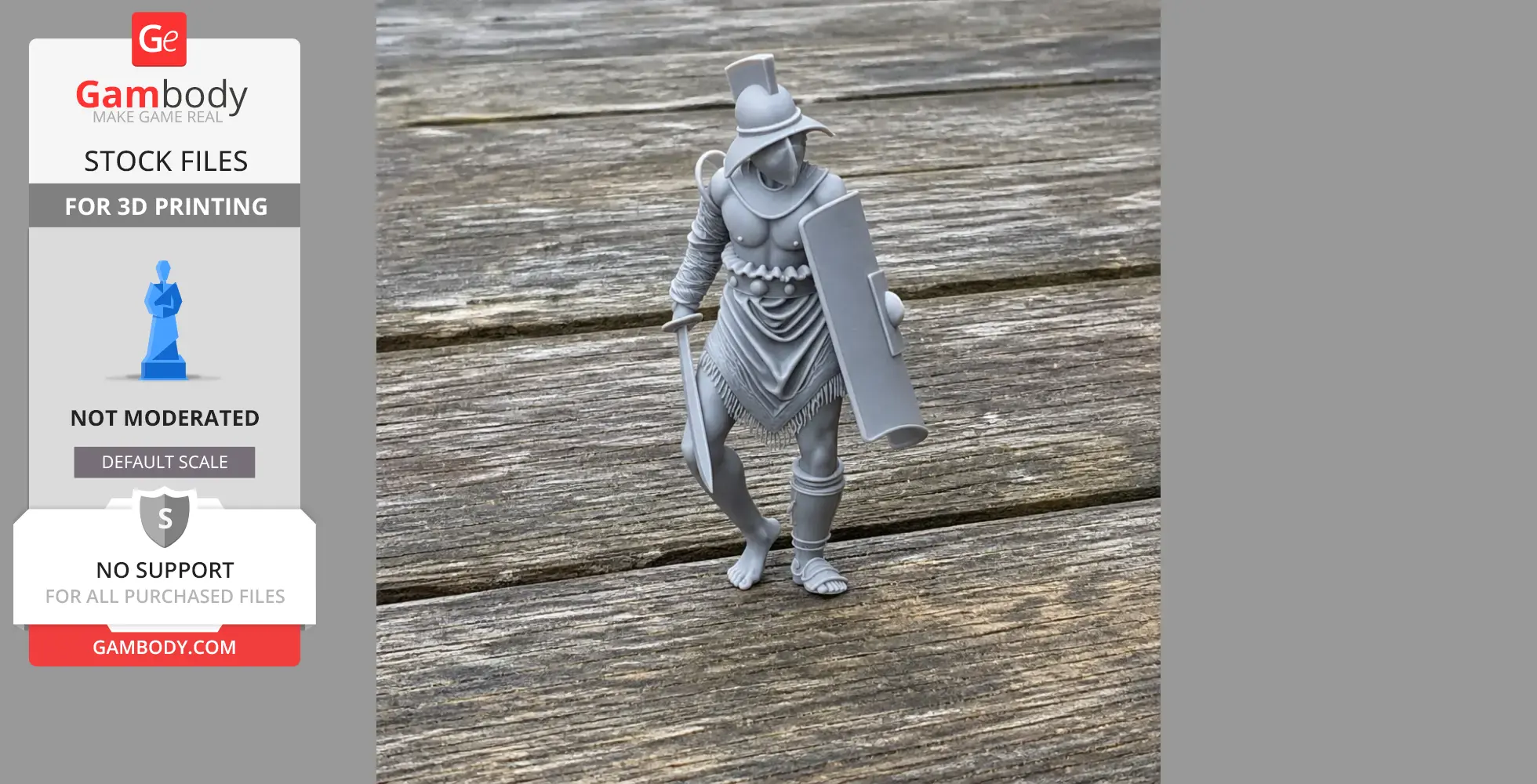 Gray 3D model of a Roman gladiator with a helmet, shield, and sword on a wooden surface.