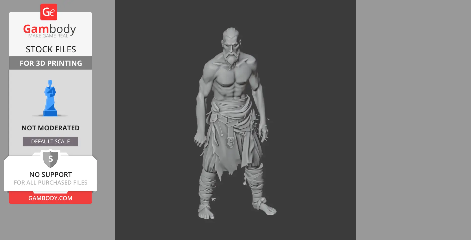 A detailed, muscular figurine of a man with long hair, beard, and wrapped attire, designed for 3D printing.