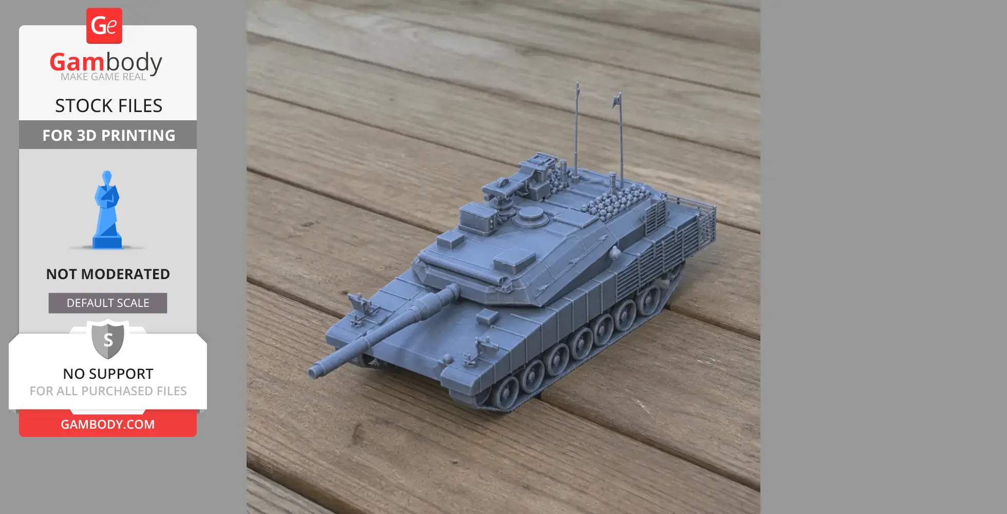 A detailed 3D printed model of a tank on a wooden surface.